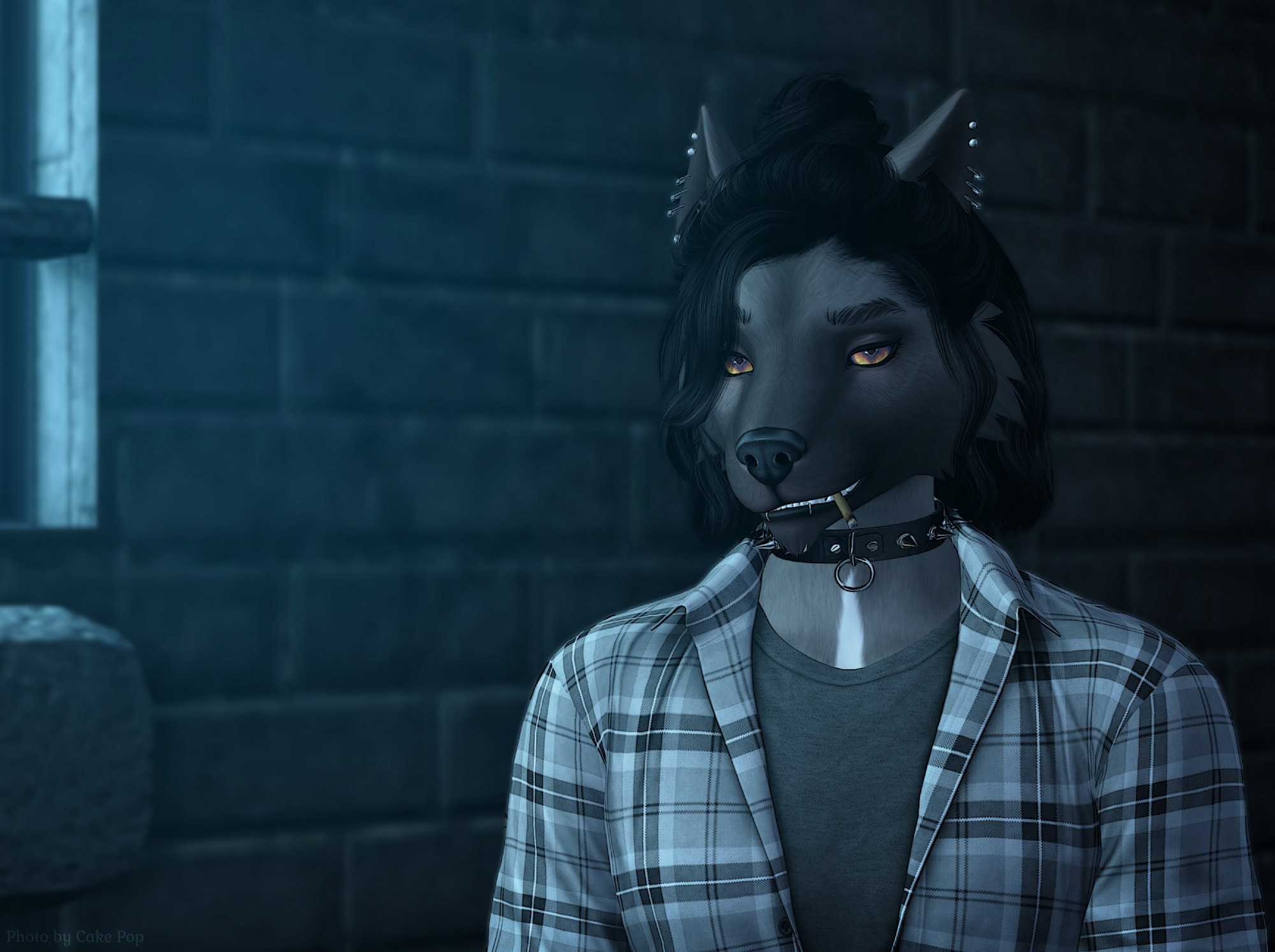 An anthro man stands in an alley with a crooked grin and a cigarette hanging from his lip.

Eyes are the Refracted Eyes by TEETH: 
https://marketplace.secondlife.com/p/T-Refracted-Eyes/26031208

Skin is the American Akita in Smoke by Whisk:
https://marketplace.secondlife.com/p/Whisk-American-Akita-Smoke/26144300