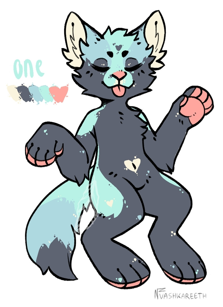 A furry adoptable with a blue, grey, and white toned palette. The design has cute speckles and a nice pink nose!