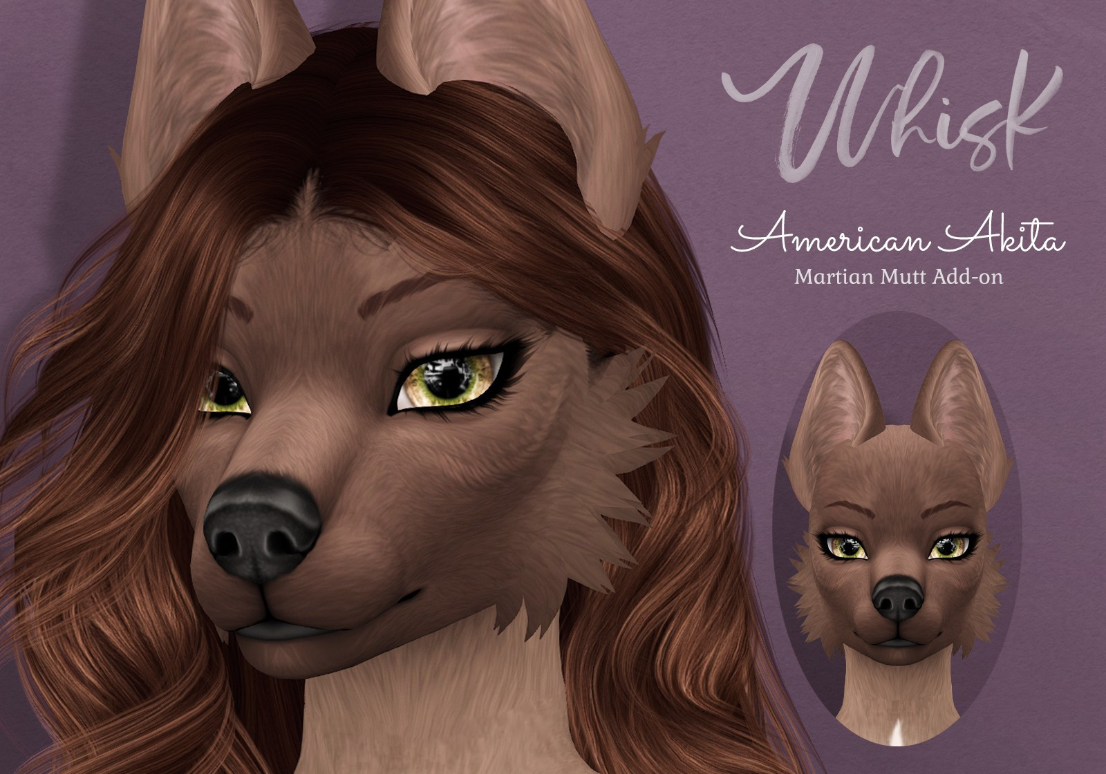 A poster that reads "Whisk American Akita Martian Mutt Add-on" with an anthro character posing to display a skin.

#Furry #FurrySL #WhiskSL #SecondLife