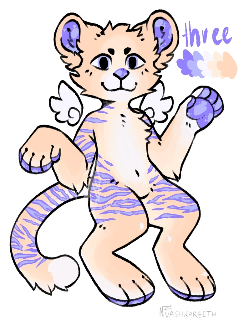 A furry adoptable with golden fur and violet stripes resembling a tiger. The character also has cute small chibi wings and a pleasant expression.