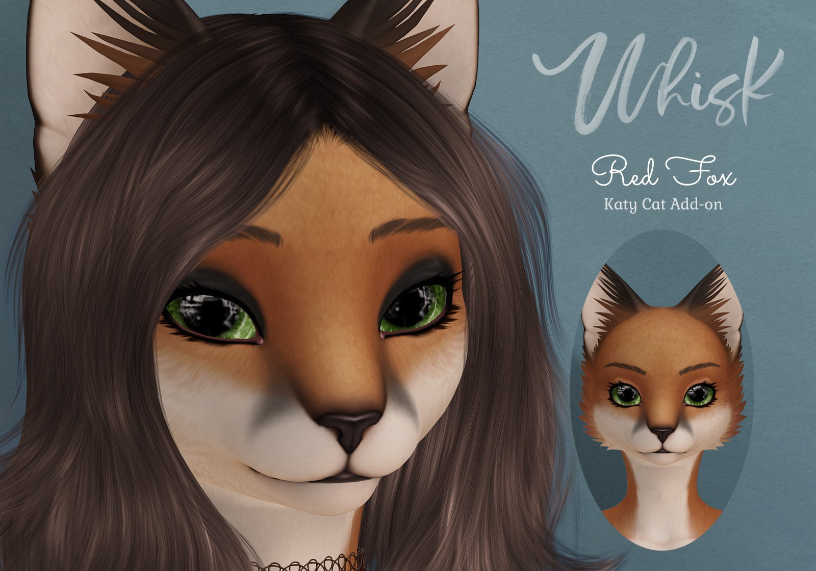 The image displays two anthro fox/cat girls. 
The text reads "Whisk Red Fox Katy Cat Add-On"

#Furry #FurrySL #WhiskSL #SecondLife