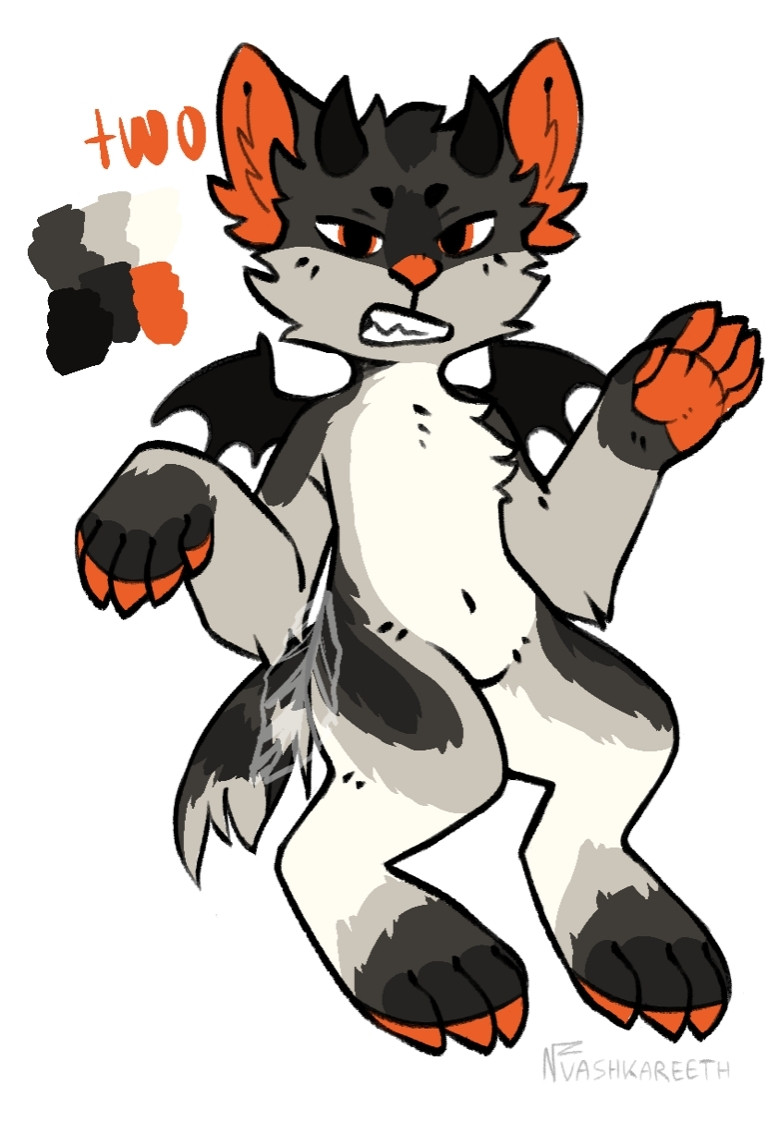 A furry adoptable with a spunky expression and a white, grey, black, and orange colour scheme. The character also has small demon wings and horns.