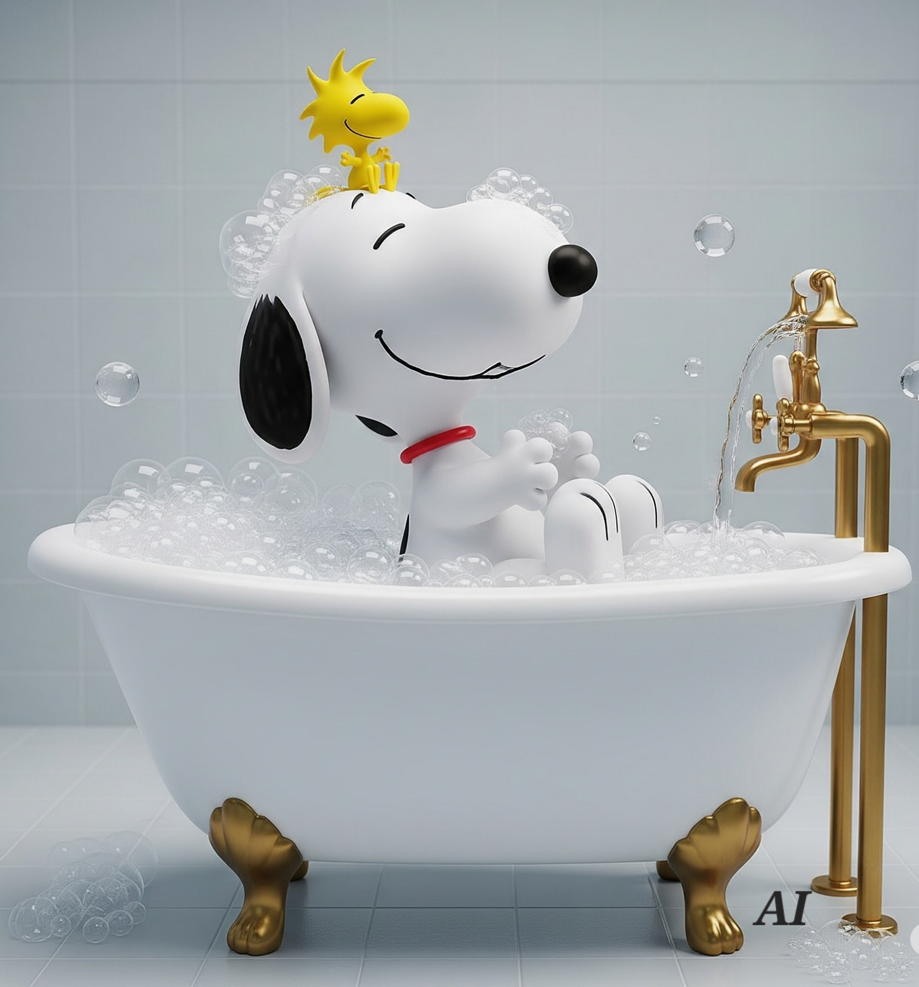Snoopy in der Badewanne
Woodstock sitzt auf Snoopys Kopf