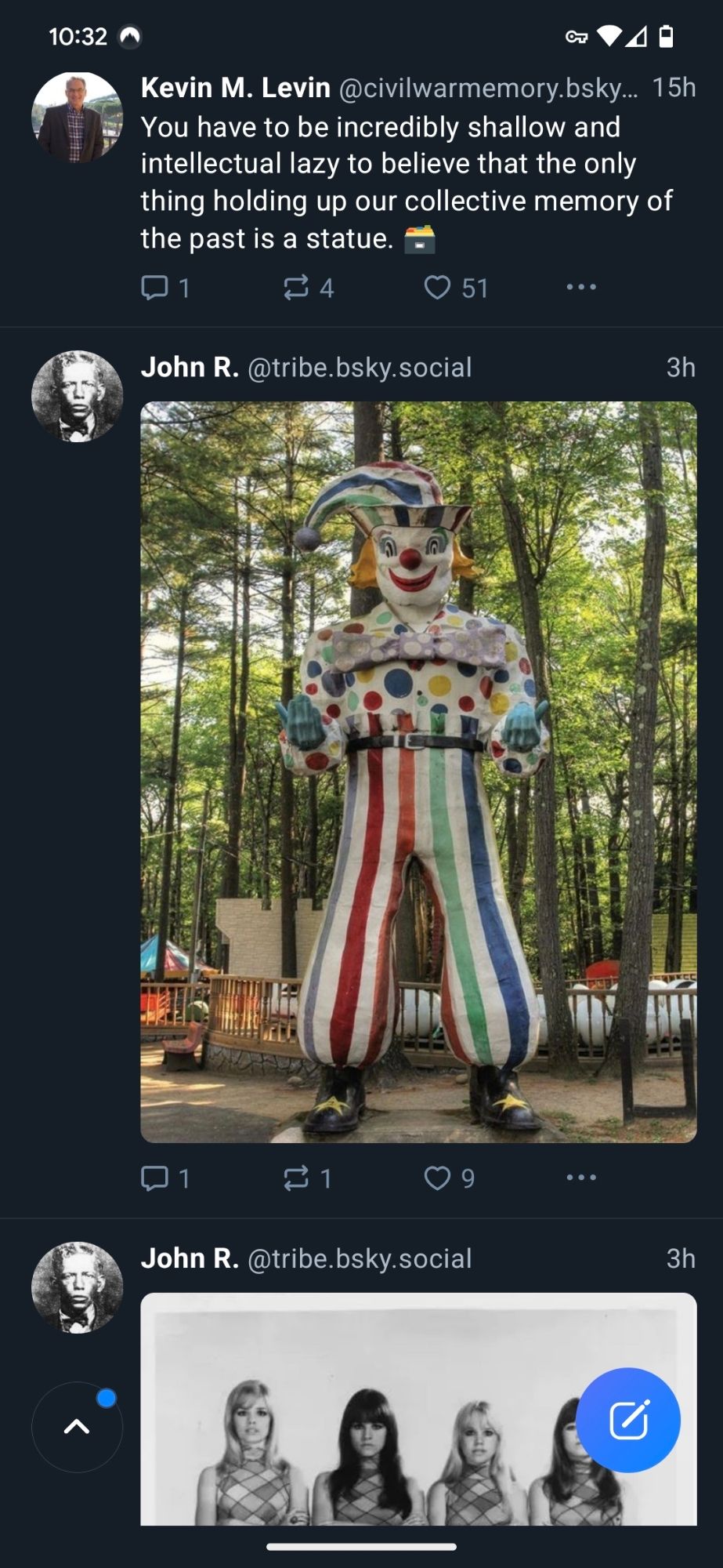 screenshot of my skyline, upper bleet referencing the misplaced importance of a (presumably Confederate) statue, or its removal, and the bleet immediately below is a photo of a 16' clown statue in a forest.