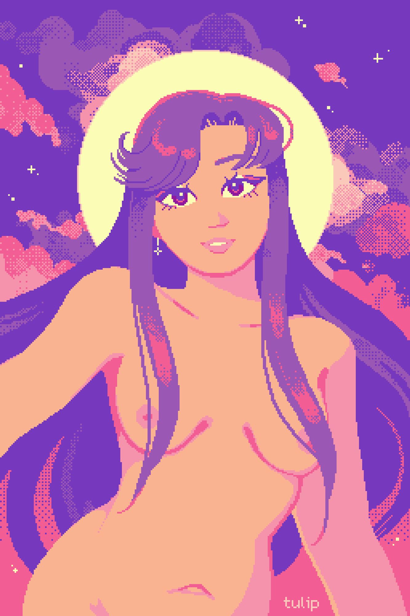 illustration: a pixel art drawing of a nude woman with long, purple hair, smiling cheerfully in front of a full moon.