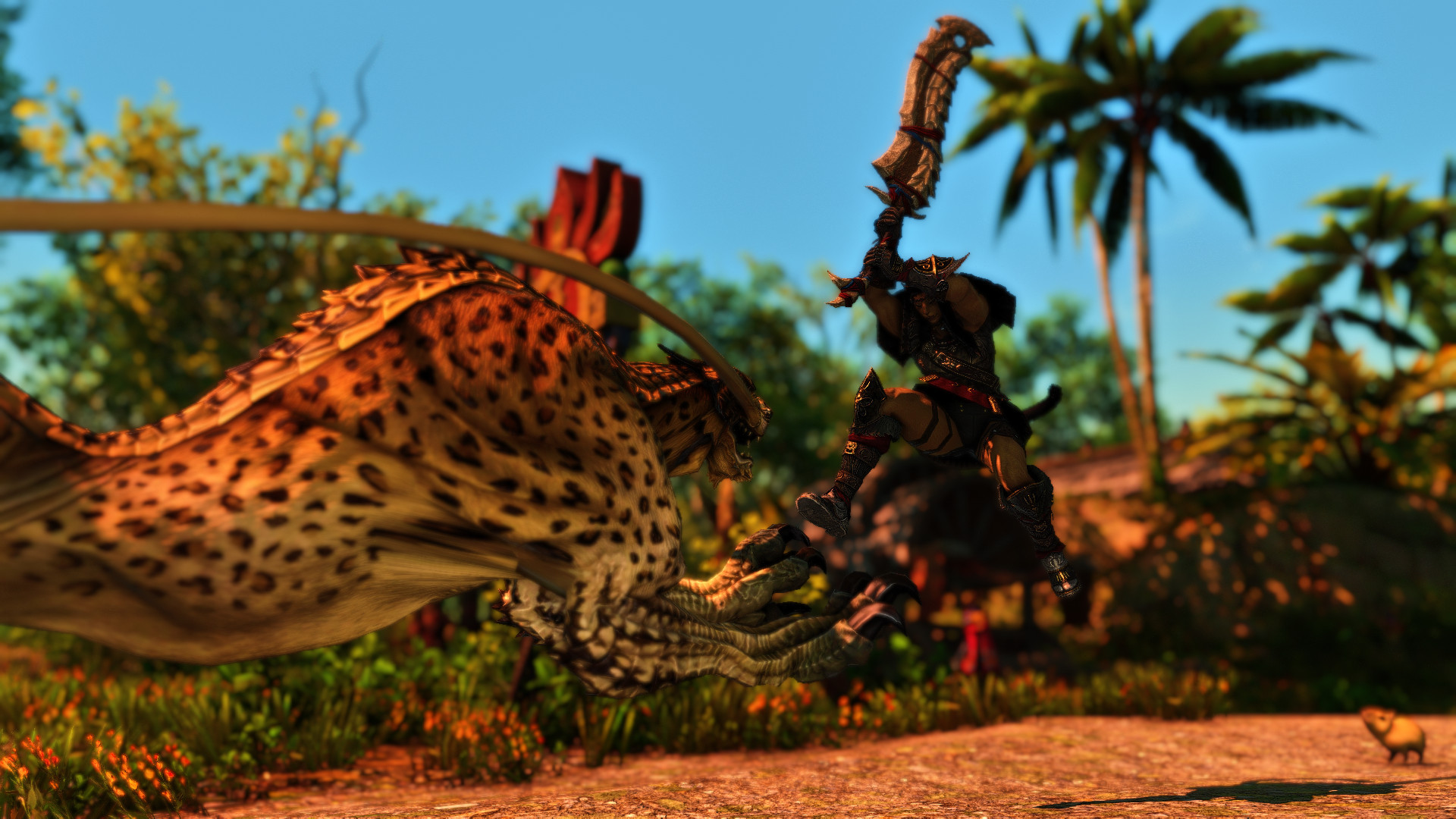 A hrothgar woman and a coeurl in combat. The hrothgar is mid-air doing a downwards slash.