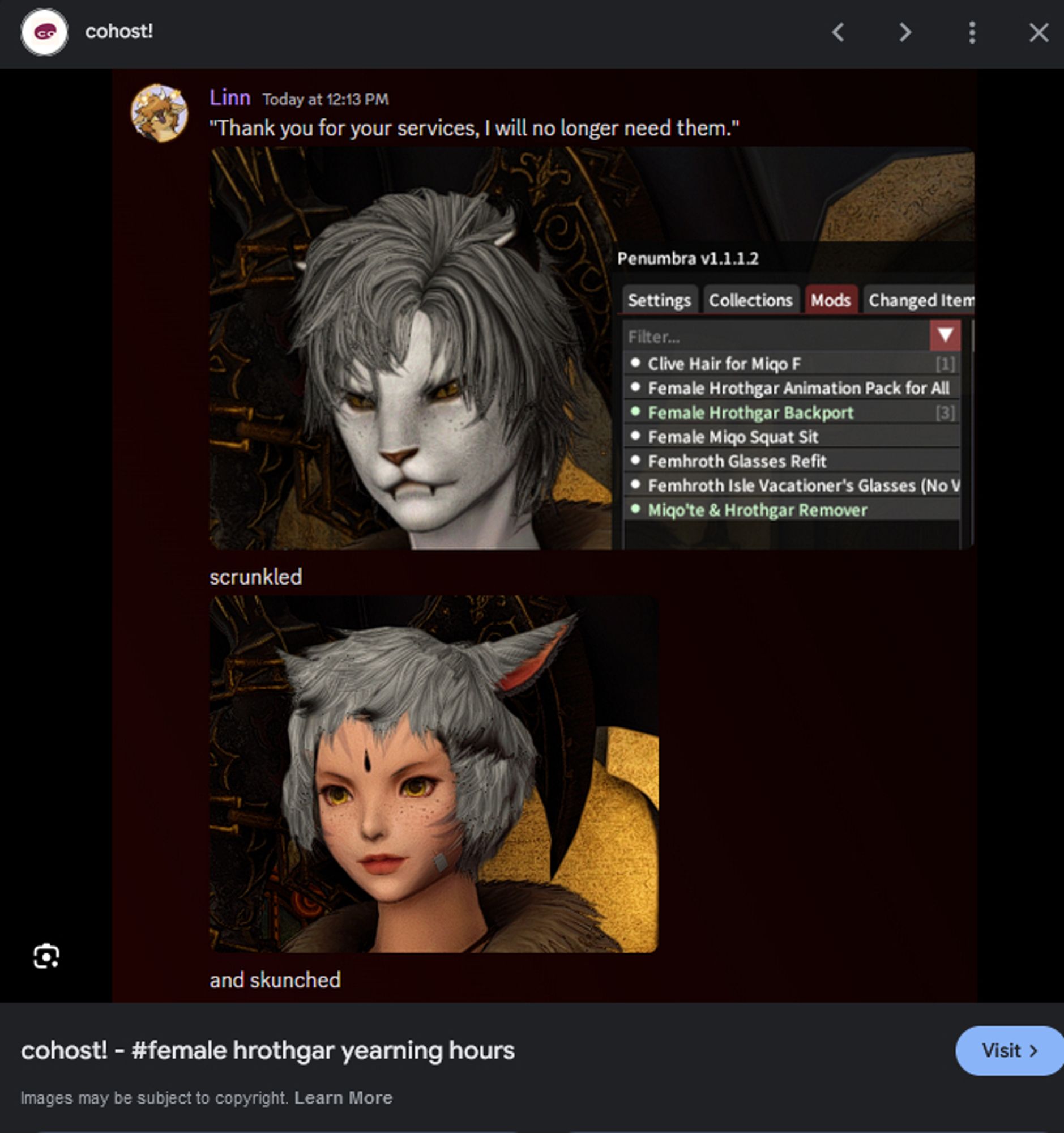 The google image result from the first image, enhanced. One of my cohost posts about no longer needing mods to play a female hrothgar. The cohost pist is tagged "#female hrothgar yearning hours" and includes discord text saying "Thank you for your services, I no longer need them. - Scrunkled - And skunched".