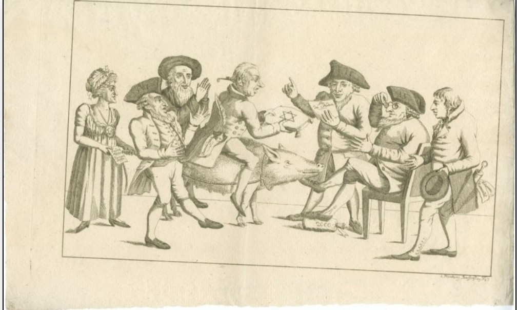 Black-and-white etched satire on attitudes toward vaccination. Edward Jenner, pioneer of the smallpox vaccine, is portrayed as a Jew. He holds a syringe labelled "Kuhpocken" (cowpox) and "Humanität" (humanity). Next to him sits a Jewish elder who has one foot on a money bag. Another Jew reads from a document labeled "Für Die Juden" (for the Jews), handed to him on a cushion embroidered with a Star of David by a non-Jewish man astride a sow. He is followed by a rabbi praying and another Jew. At left, a non-Jewish woman holds the sow's rope in one hand and, in the other, a paper labeled "Freiden Mädchen - Berliner Blätter" (prostitute - Berlin Gazette). The etching indicates that the publication of Jenner's work is a Jewish conspiracy.