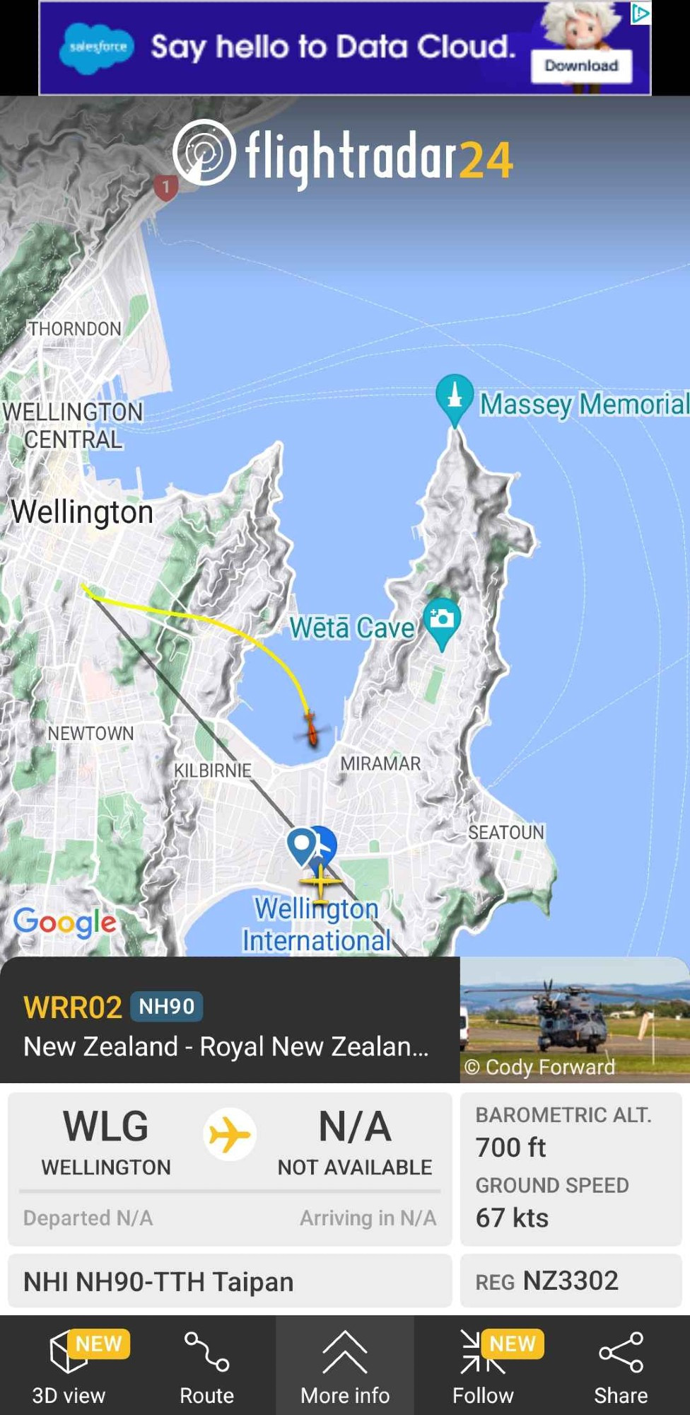 A flight map of Wellington showing an NHI NH90-TTH Taipan Helicopter registered to the New Zealand Air Force flying over the city