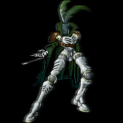 a faceless mech with a cape, and feathers in its helmet. it holds is a sword behind its back