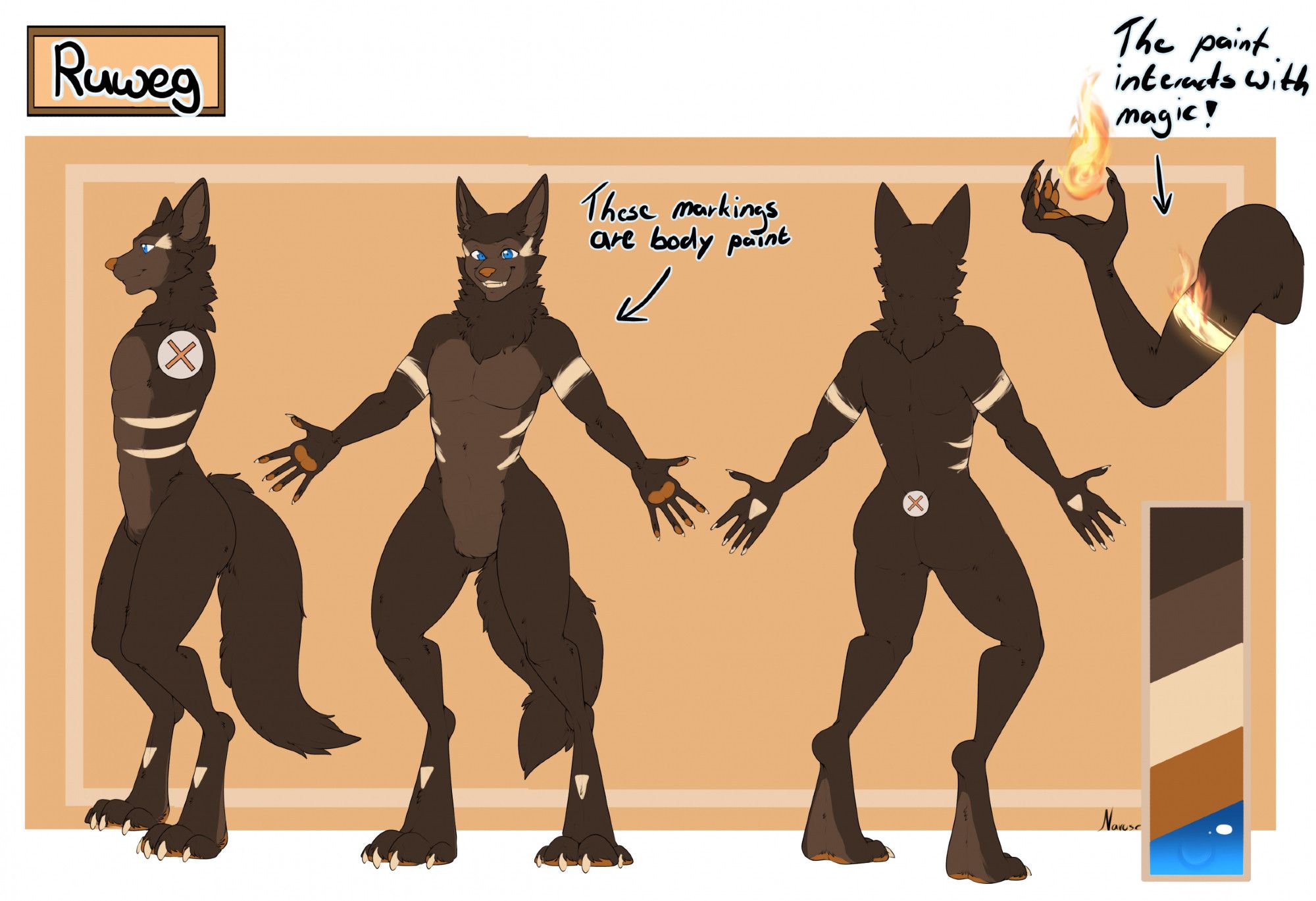 A reference of Ruweg, my wolf fursona. He's a dark brown wolf with a lighter brown chest and face. He also has beige markings, which he paints on himself. They're triangles on the back of his hands and the side of his face, connecting to the eyes. Two rib shapes on the side of his chest and a band on each upper arm. He also has an orange nose and beans. A specific shot of his arm reveals that magic unintentionally reacts with his body paint, glowing with the element he's casting.