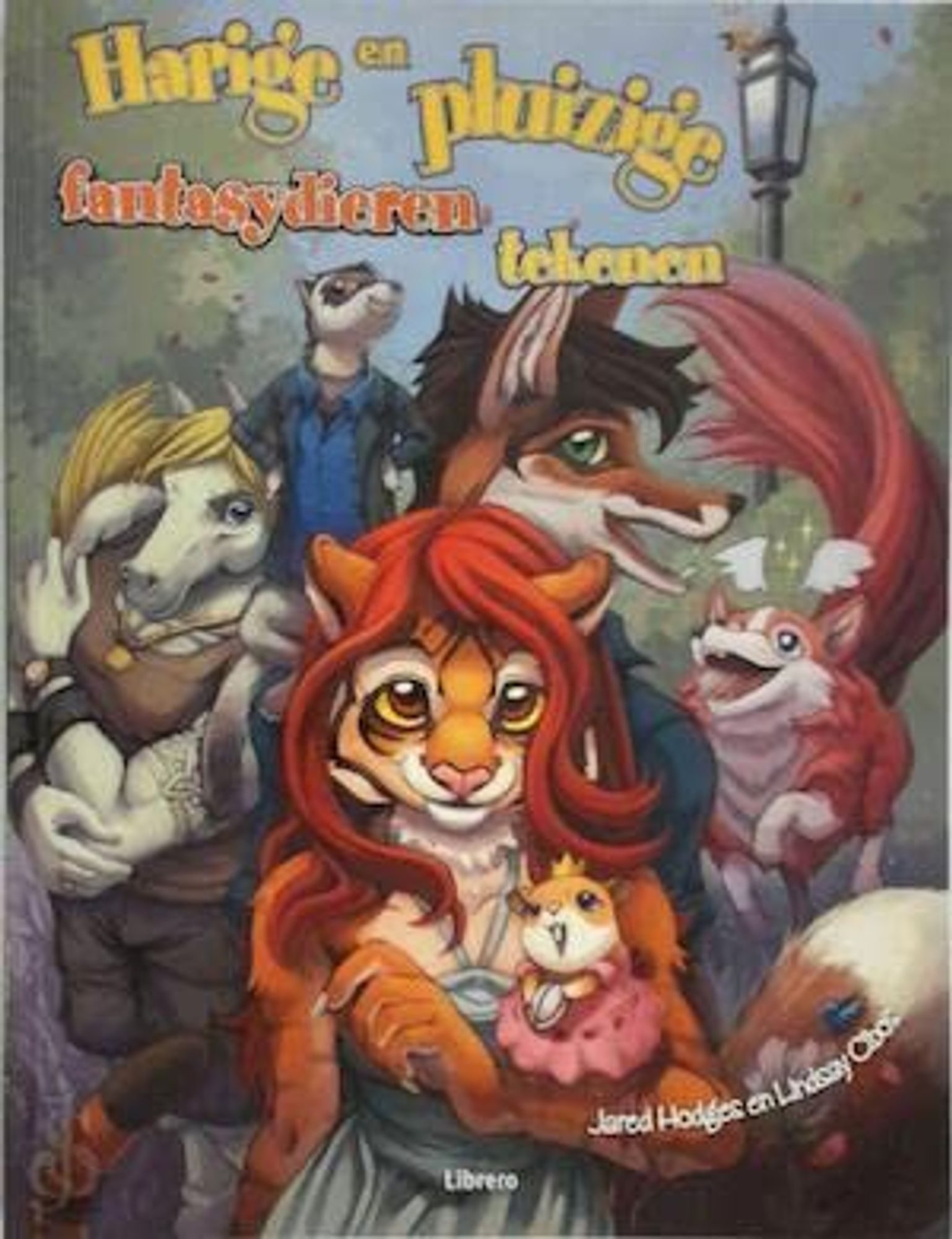 The Dutch cover to "Draw furries" with a stoat, horse, fox, cat and squirrel anthro facing the reader. There's also a regular corgy with little wings above its head.

The Dutch book is called "Harige en pluizige fantasydieren tekenen" or "Drawing hairy and fuzzy fantasy animals" instead. That rolls right off the tongue, doesn't it?