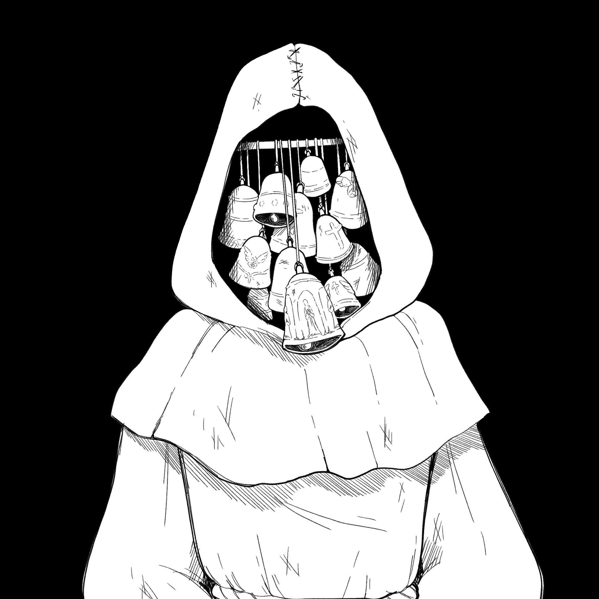 Monk wearing a hooded robe. Their face is missing, in its place are bunches of mismatched bells tied up haphazardly.