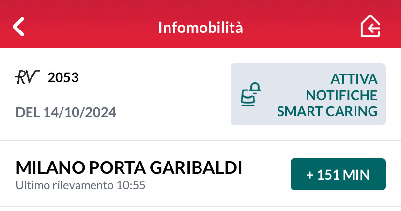 Screenshot app trenitalia, treno 2053 Torino-Milano in ritardo di 151 minuti