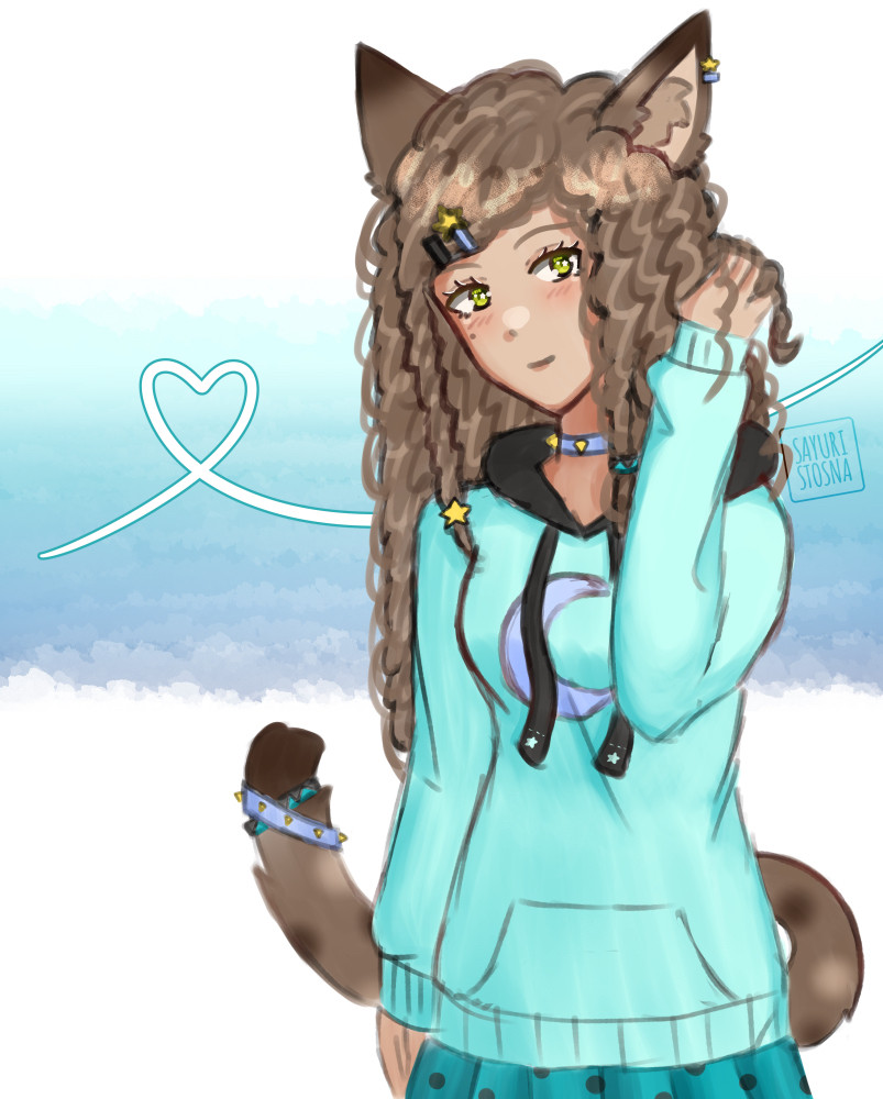 Anime styled drawing with my persona: a neko girl with long brown curly hair, green eyes and turquoise hoodie playing with her hair