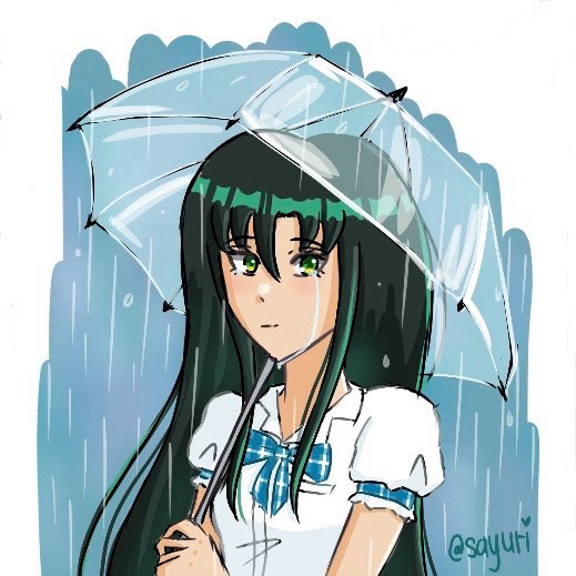 Anime styled drawing. Girl with long dark hair in school uniform with an umbrella in the rain. She cries.