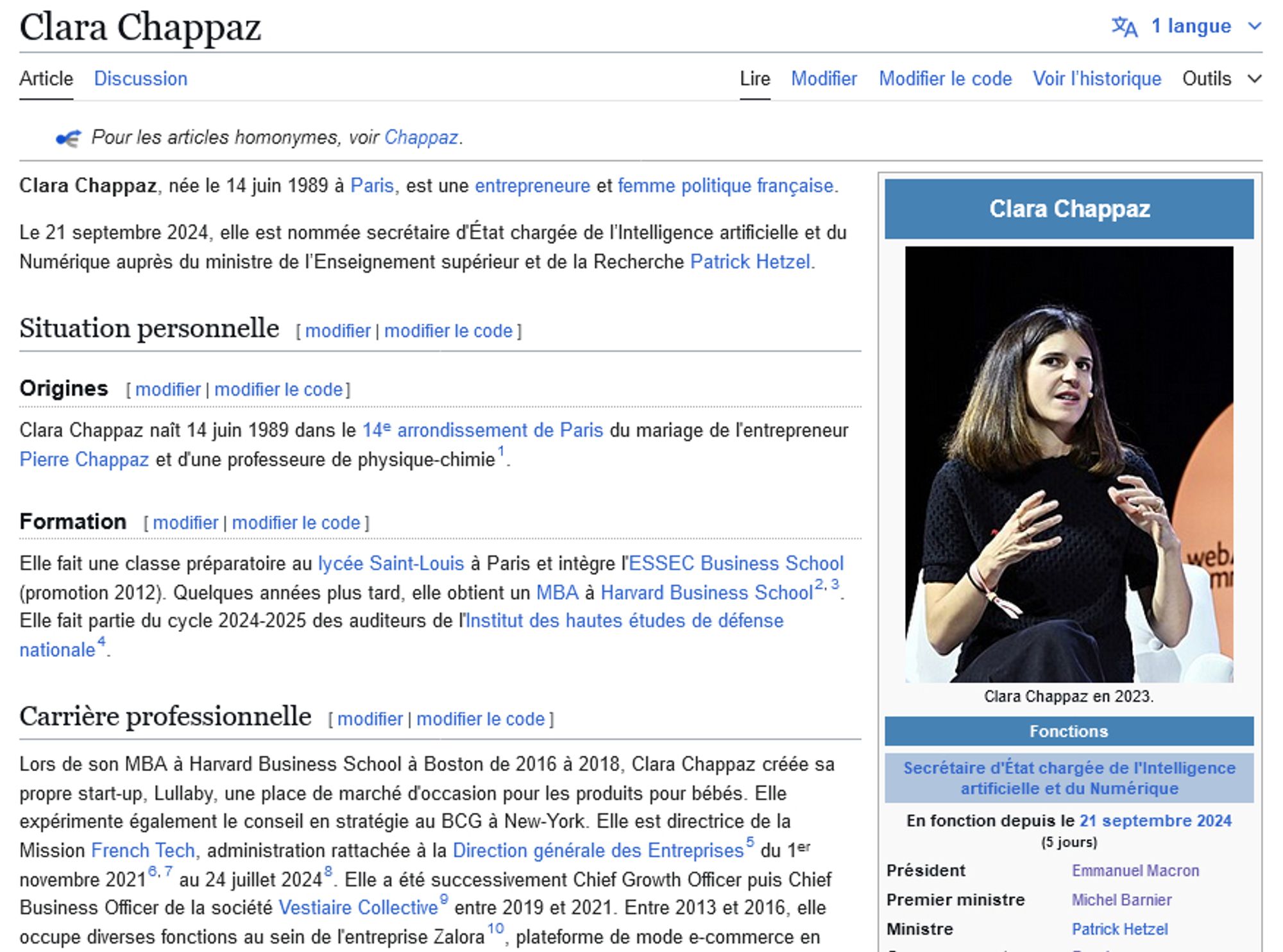 Capture d'écran de l'article de Wikipédia en français sur Clara Chappaz (vue partielle)