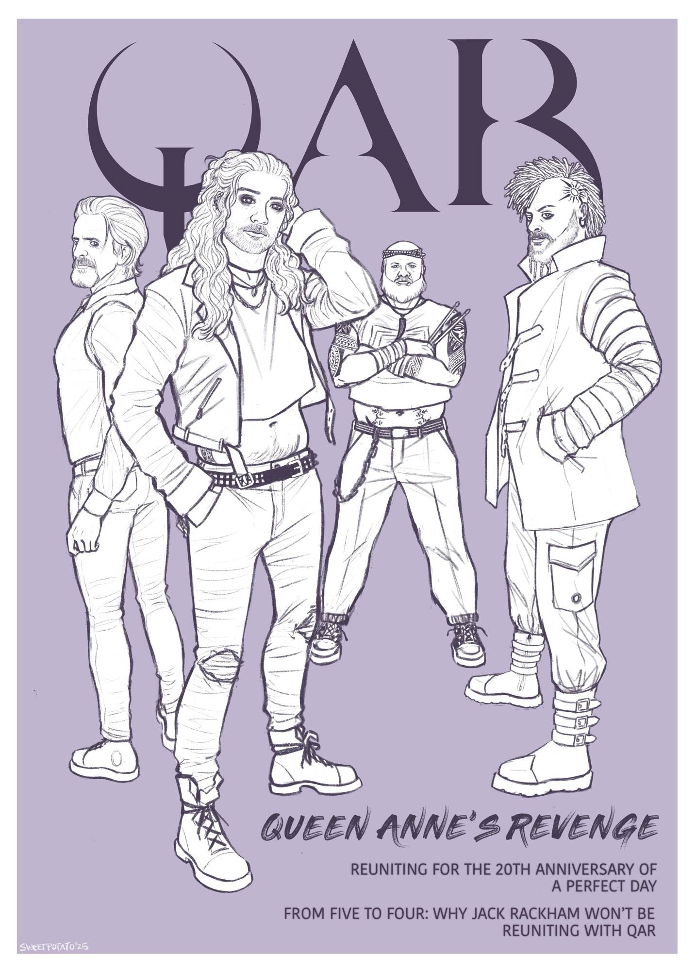 Digital illustration of an ofmd band AU. Queen Anne’s Revenge, an emo rock band made up of Ed on vocals and guitar, Izzy on lead guitar, Ivan on bass, and Fang on drums. They’re celebrating the 20th anniversary of the album that jumpstarted their career, “A Perfect Day”. The band poses on the cover of a magazine, QAR in large letters behind them. Text at the bottom right reads:
Queen Anne’s Revenge
Reuniting for the 20th Anniversary of A Perfect Day
From Five to Four: Why Jack Rackham won’t be Reuniting with QAR