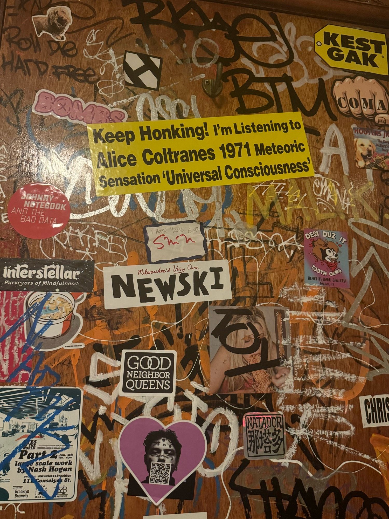 Diner bathroom door.

Keep honking! I’m listening to Alice Coltrane’s 1971 Meteroric Sensation ‘Universal Consciousness’