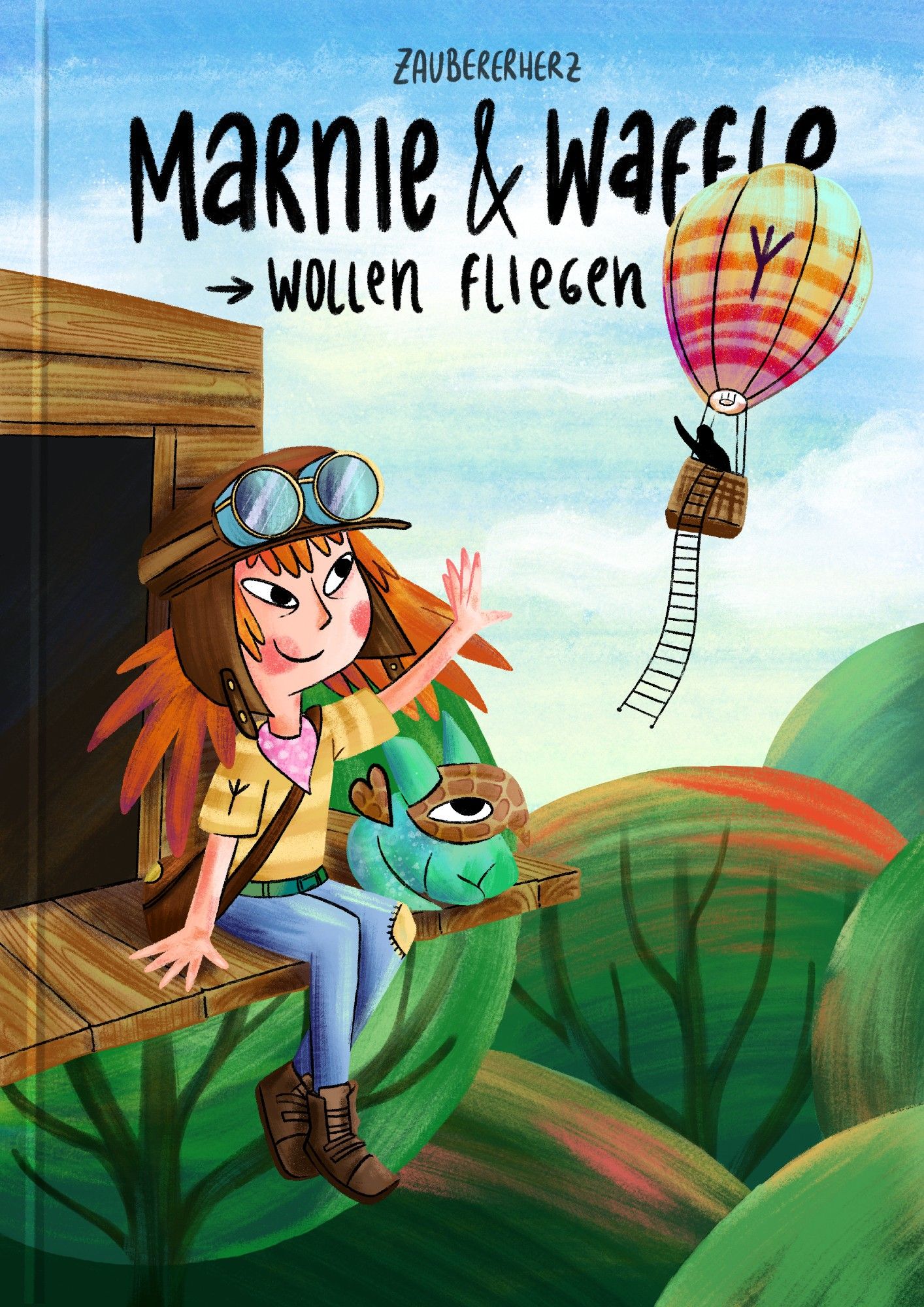 Cover eines Kinderbuchs mit dem Titel "Marnie & Waffle wollen fliegen".