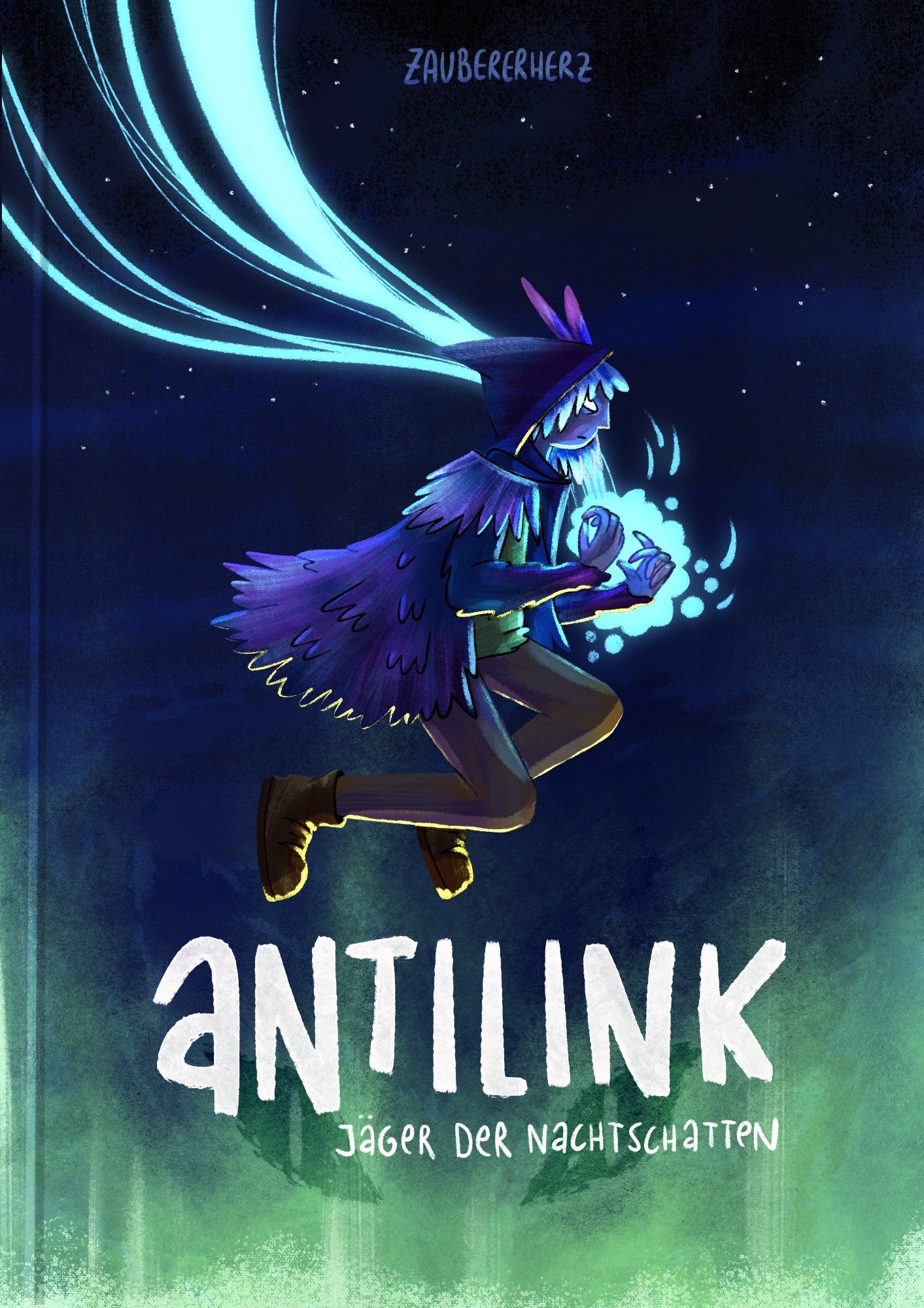 Antilink schwebt durch die Nacht, Magie umgibt ihn. Von unten her scheint grünliches Licht nach oben. Oben scheinen die Sterne. Das ganze befindet sich auf einem Kinderbuch-Cover Mockup. Der Titel lautet "antilink - Jäger der Nachtschatten".