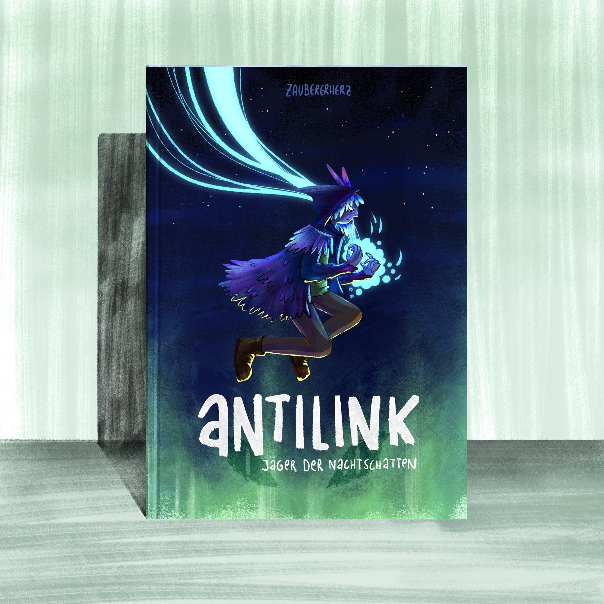 Antilink schwebt durch die Nacht, Magie umgibt ihn. Von unten her scheint grünliches Licht nach oben. Oben scheinen die Sterne. Das ganze befindet sich auf einem Kinderbuch-Cover Mockup. Der Titel lautet "antilink - Jäger der Nachtschatten".