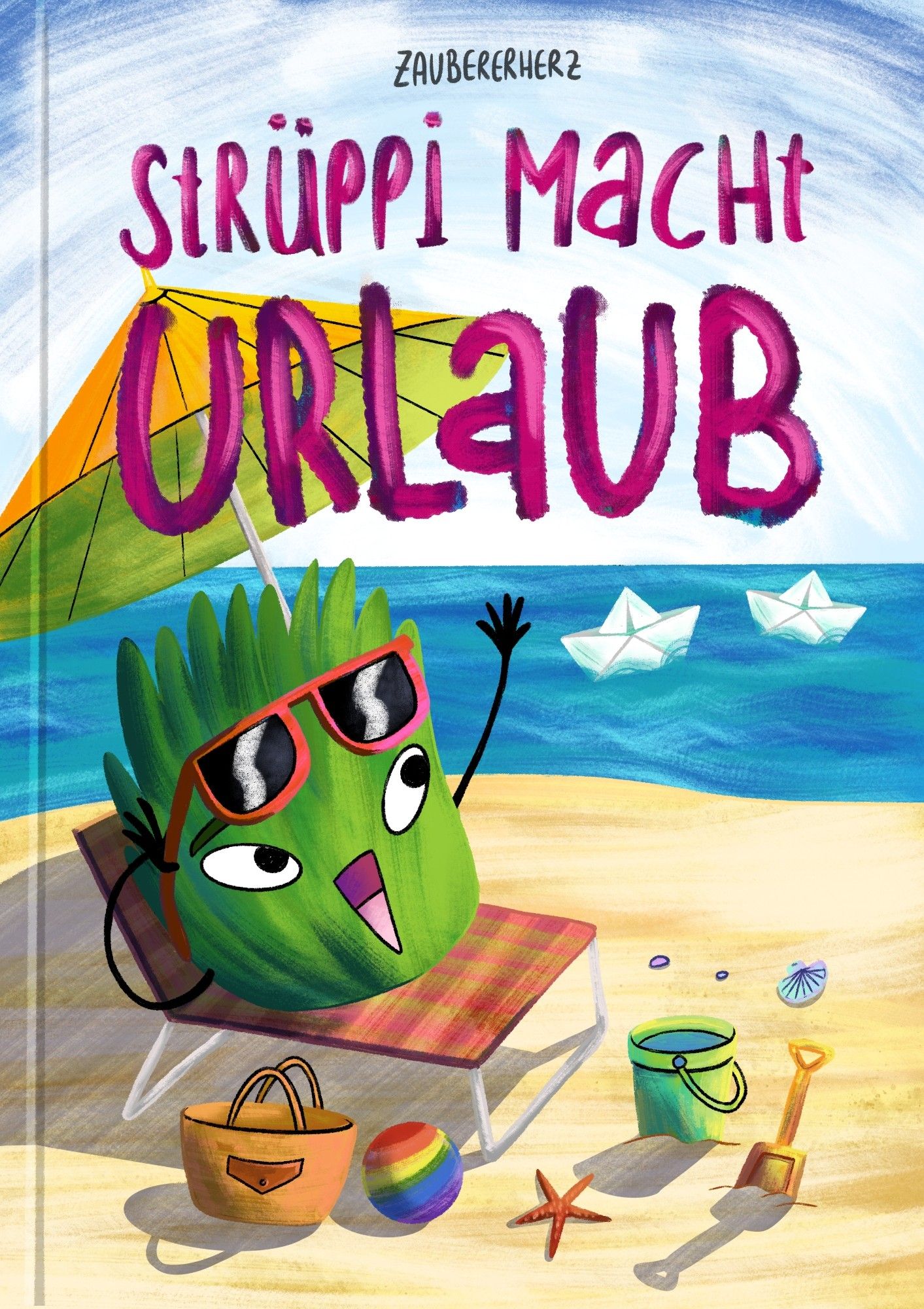 Gezeichnetes Mockup eines Kinderbuchs. Der Titel lautet "Strüppi macht Urlaub". Am Cover liegt Strüppi am Strand und sonnt sich. Sie winkt auf's Meer hinaus.