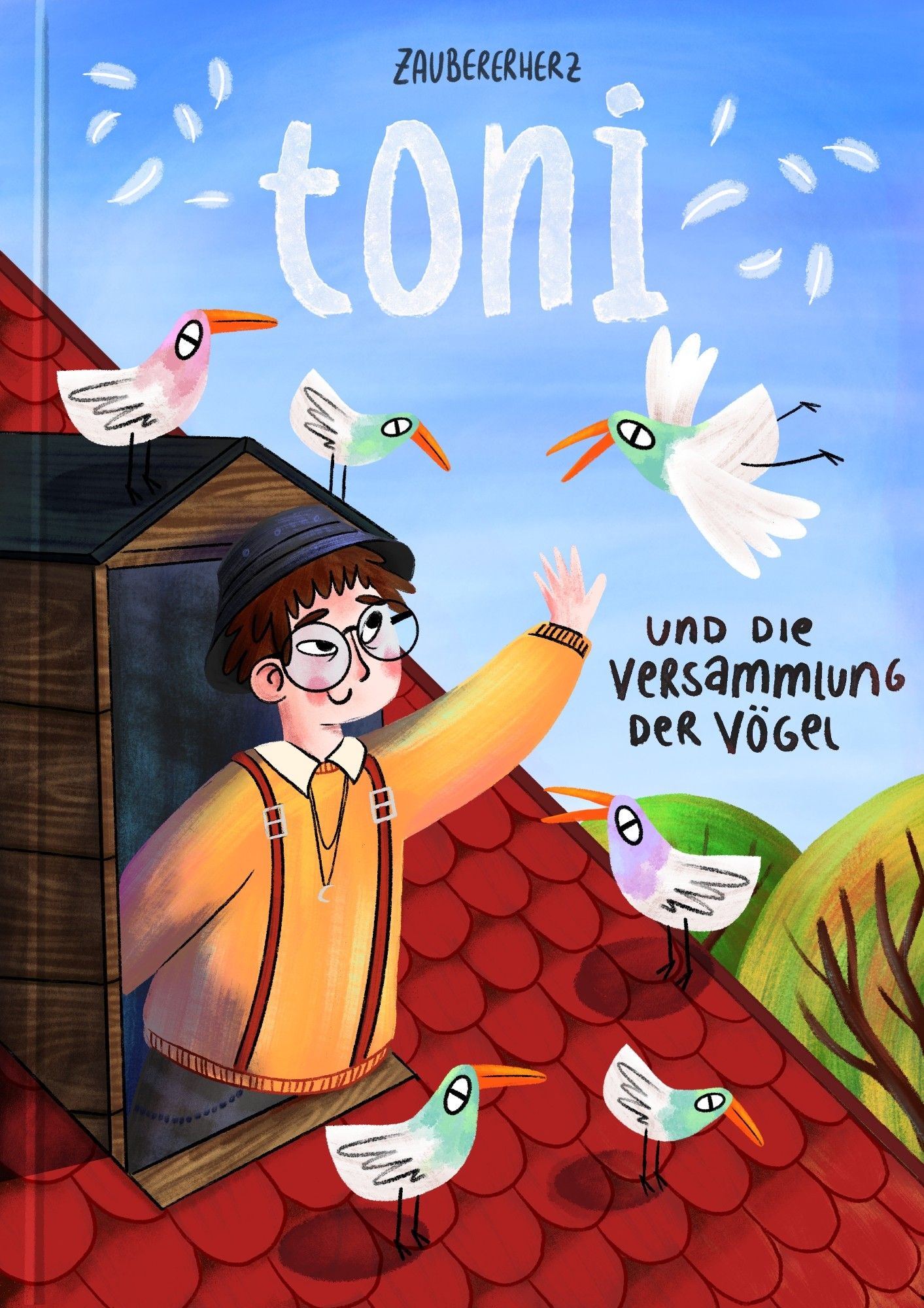 Mensch, mit gelben Pullover und roten Hosenträgern, winkt aus einem Dachfenster. Drumherum sitzen und fliegen ein paar Vögel. Es ist ein (fake) Cover für ein Kinderbuch. Digital gemalt.