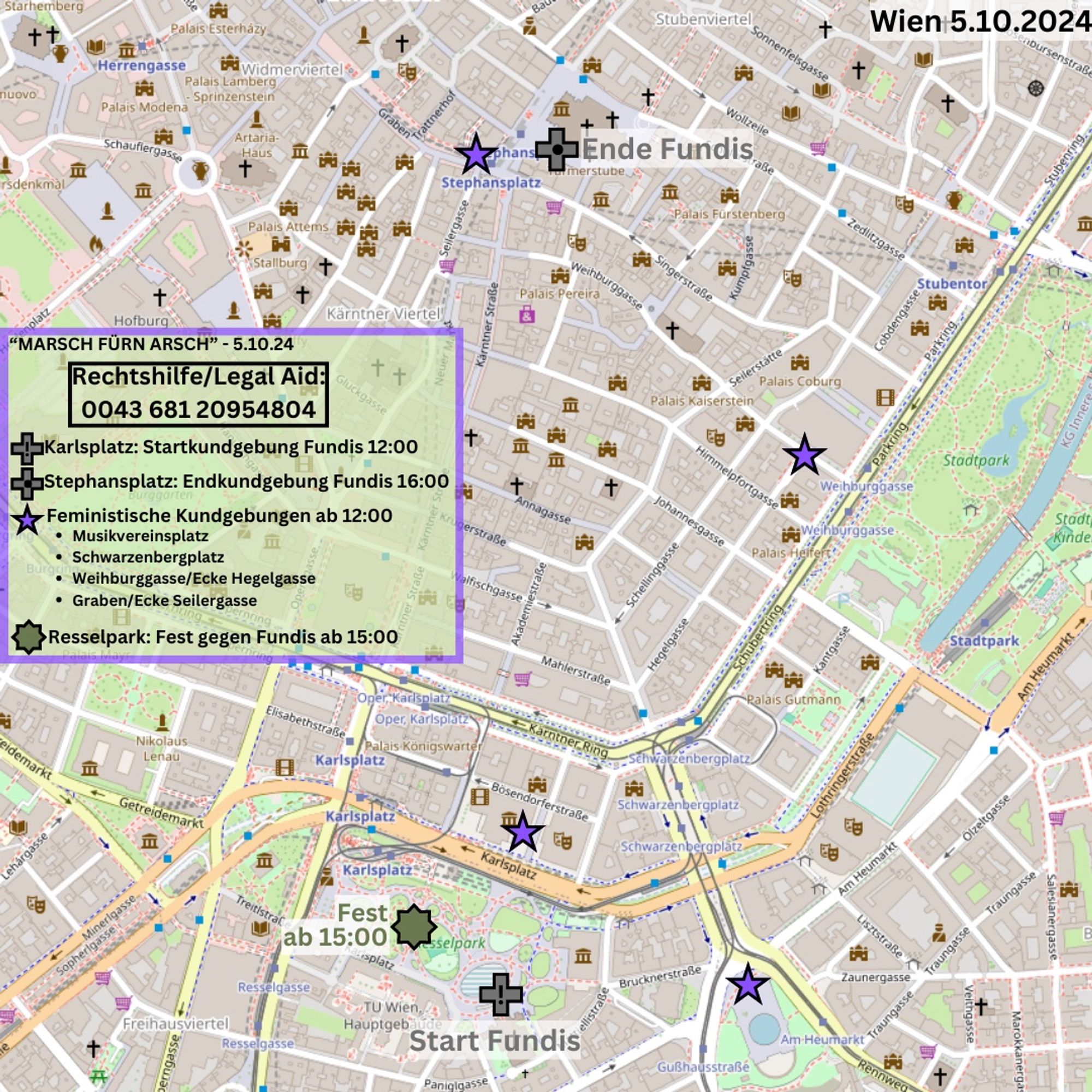 ab 12 Uhr
* Musikvereinsplatz
* Schwarzenbergplatz
* Weihburggasse / Ecke Hegelgasse
* Graben / Ecke Seilergasse
ab 15 Uhr Fest im Resselpark