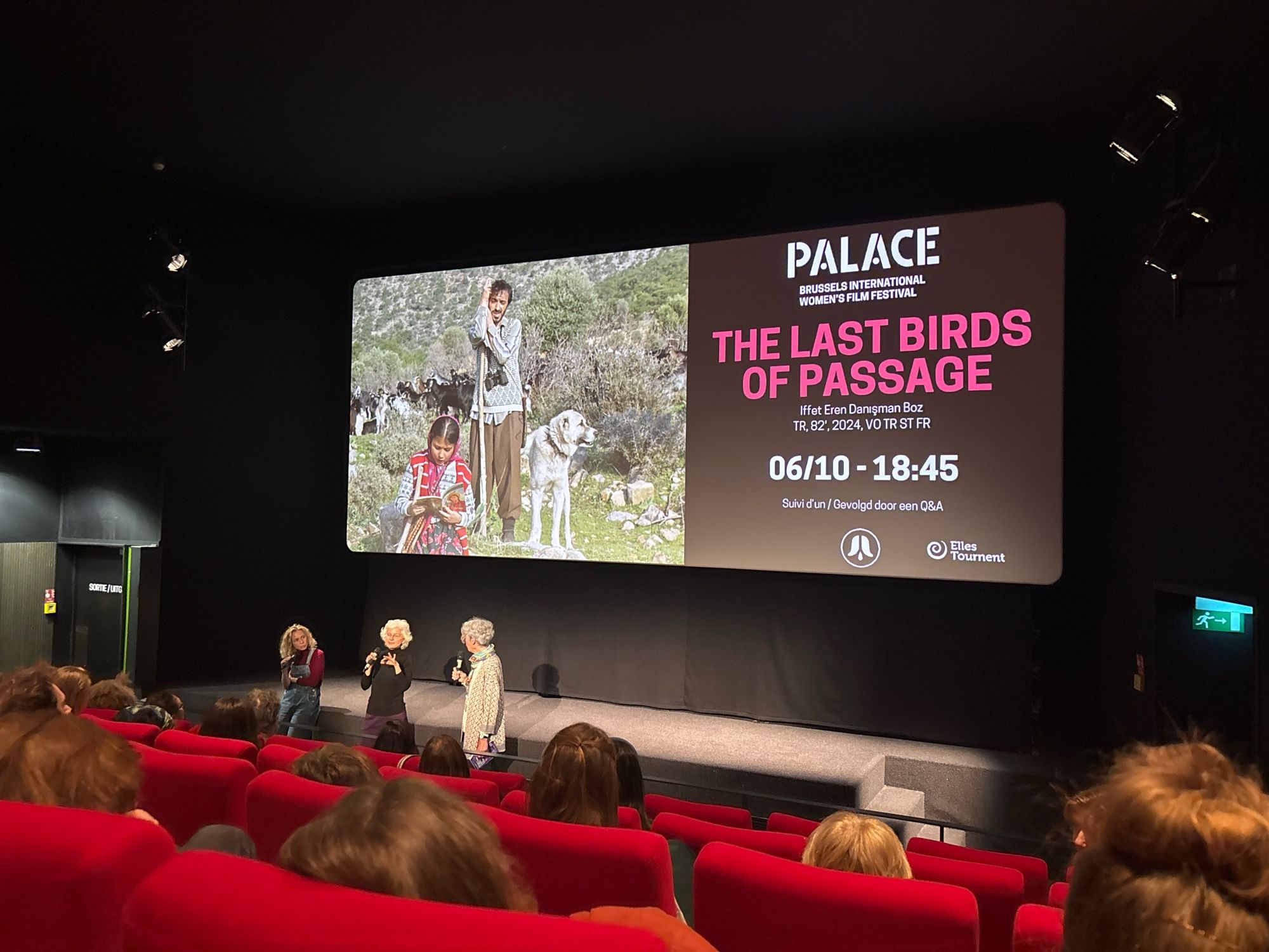 Three women speaking at the front of a cinema screening room. On the screen is the name of the film and a still showing a man leaning on a wooden stave with goats behind him, a dog at his side. Sitting on the rock in front of him is a young girl reading a book. From left to right are the interpreter, the director (Iffet Eren Danişman Boz) and the host of the event.