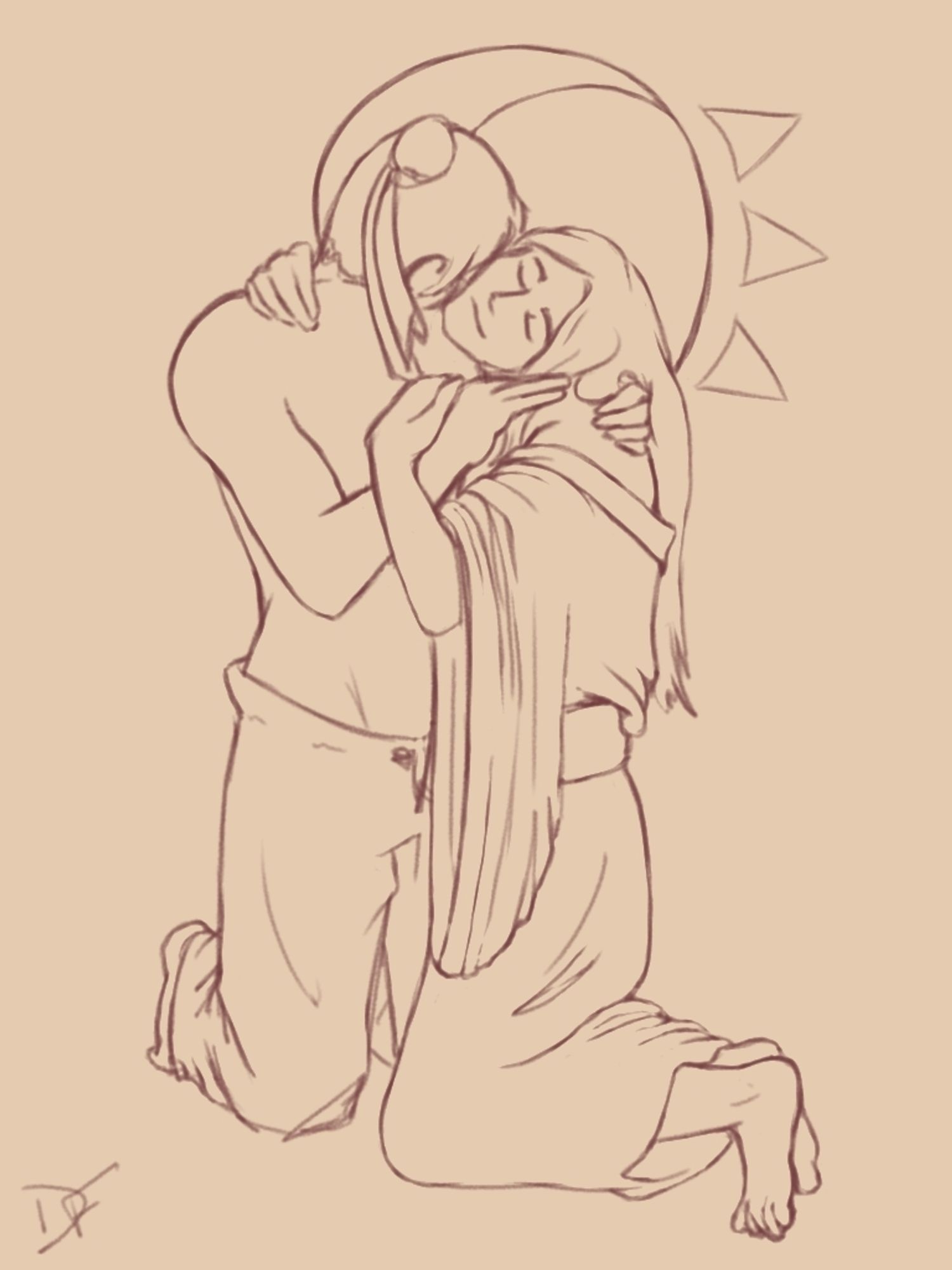 A digital sketch of Feng Xin and Mu Qing drawn as The Kiss by Gustav Klimt