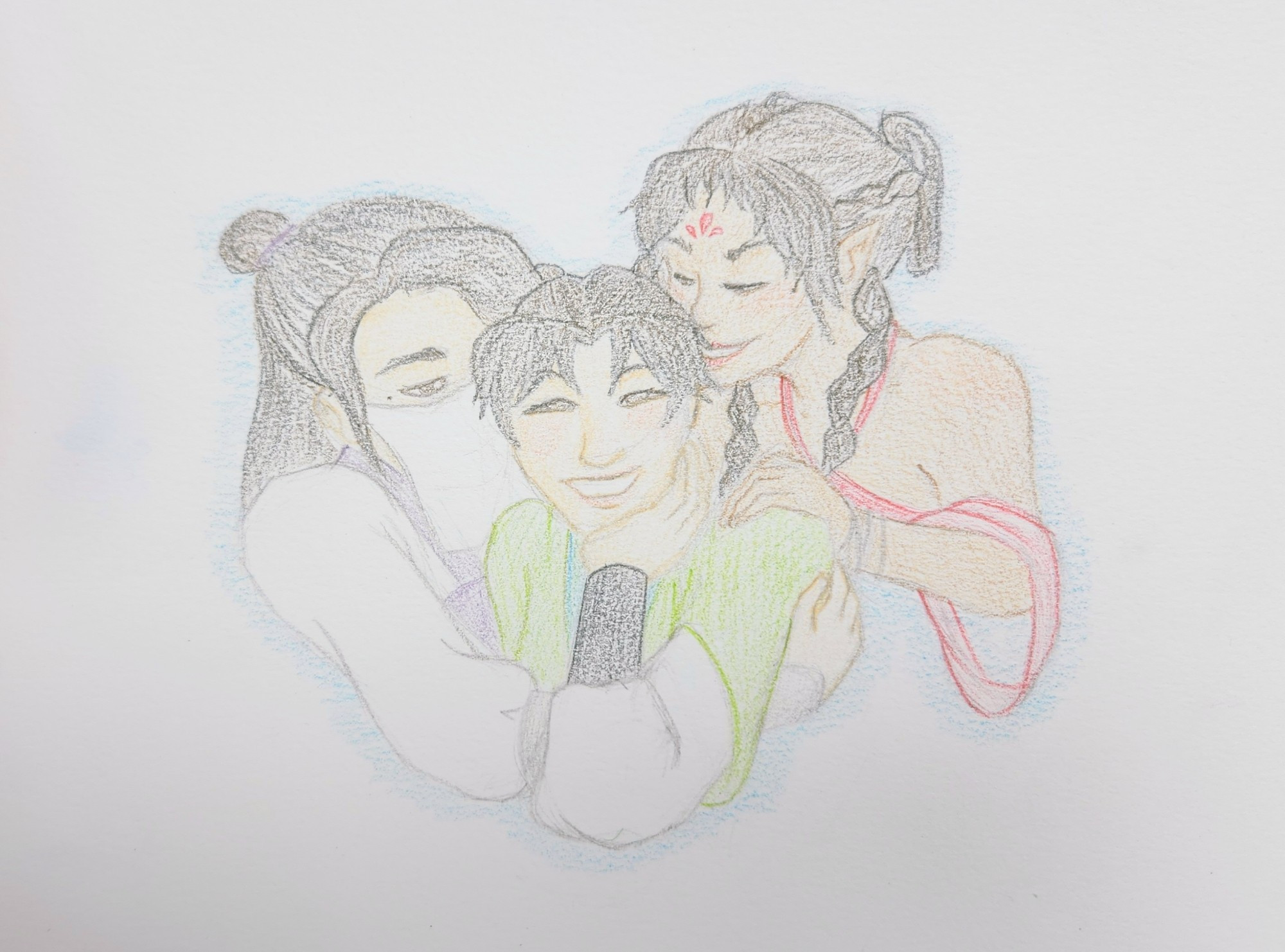 colored pencil artwork of Liu Mingyan, Ning Yingying, and Sha Hualing.