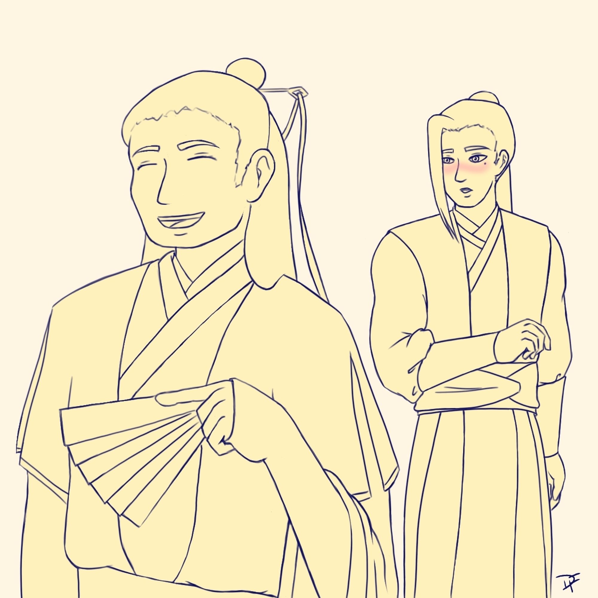 A digital drawing of Shen Qingqiu and Liu Qingge. Shen Qingqiu is laughing in the foreground at something off screen. Liu Qingge is staring at Shen Qingqiu's back with a blush on his cheeks.