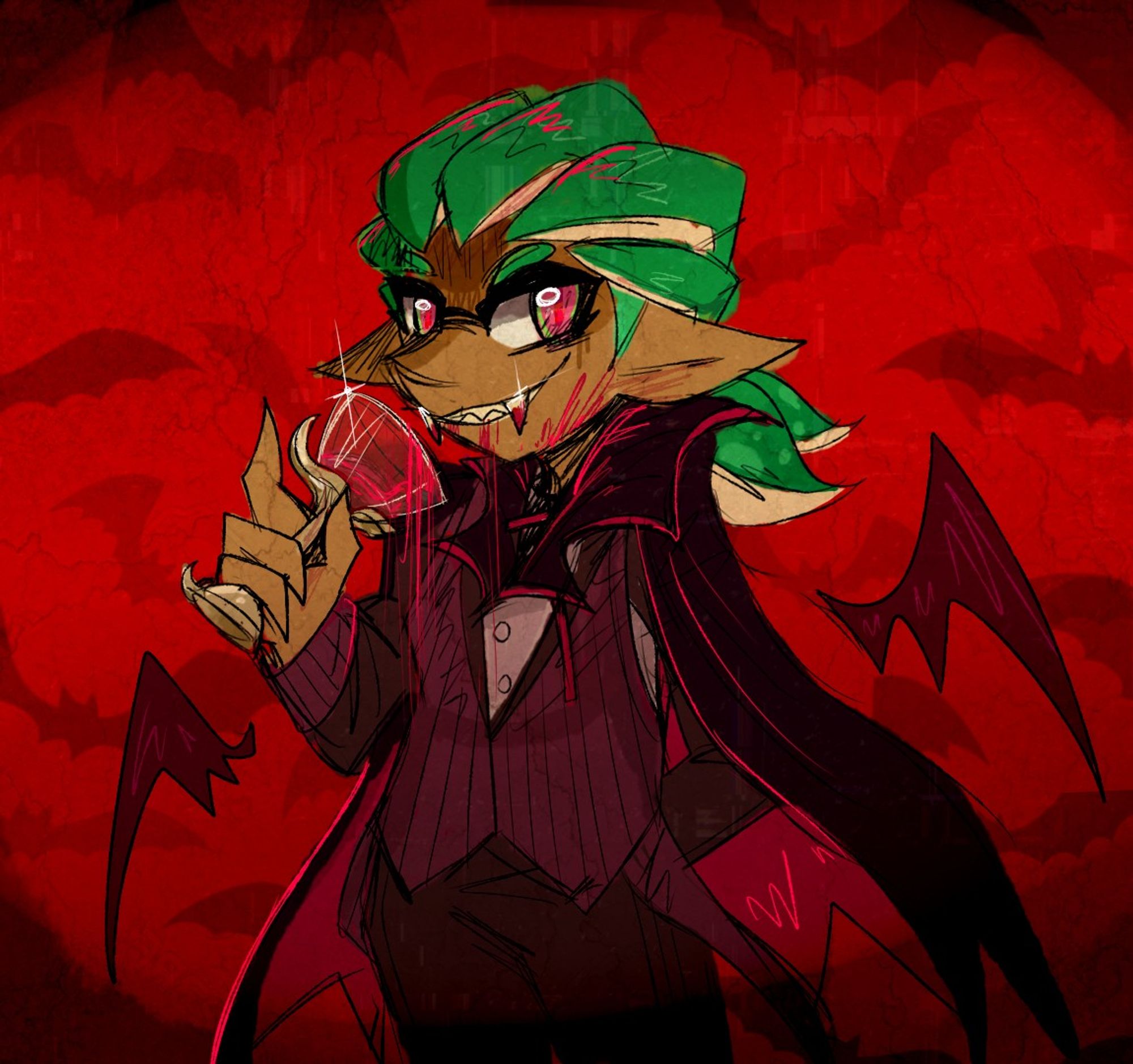 Drawing of an inkling dressed as a vampire. He has the green cornrow hair from Splatoon 3 and pink eyes. He's wearing a suit and vampire attire, while holding a wine glass. He's drinking from it with his two huge fangs and looking away with a grin. The background is red with a lot of bats.