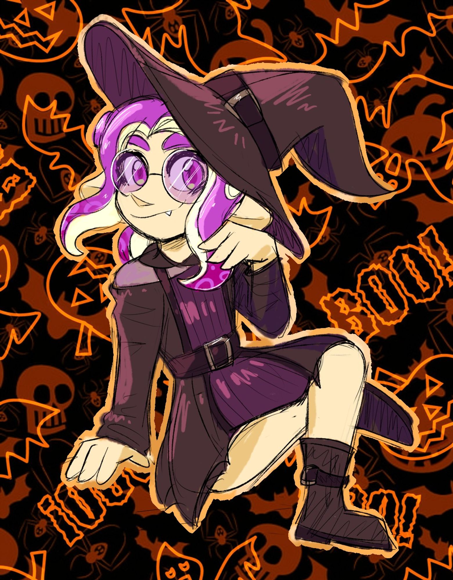 Drawing of an octoling wearing a witch costume. They have the basic Splatoon 3 shoulder hairstyle in a purple color and have a big witch hat. They're wearing a pair of tinted glasses and a black dress with boots. They have their hand up near their chin and are smiling to the camera. The background is black and orange, with many halloween-related things.