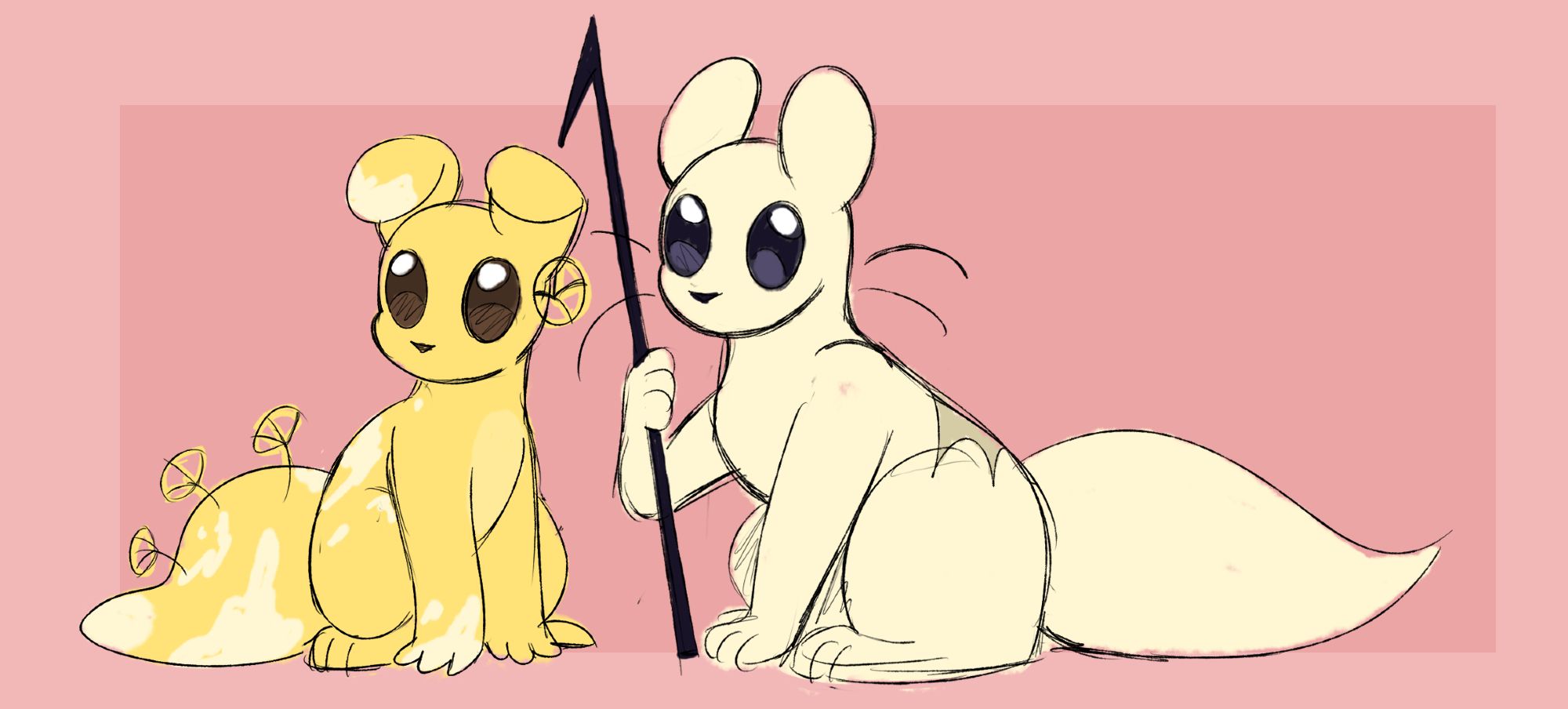 Sketch of Monk and Survivor. They're cat-like creatures from the game Rain World. Monk is yellow with white patches, has big dark brown eyes, folded ears, and karma flowers growing on their tail - with one hanging under their ear. Survivor is completely white with a gray scar on their back, has round ears sitting up, big black eyes, and whiskers. They're holding a spear.