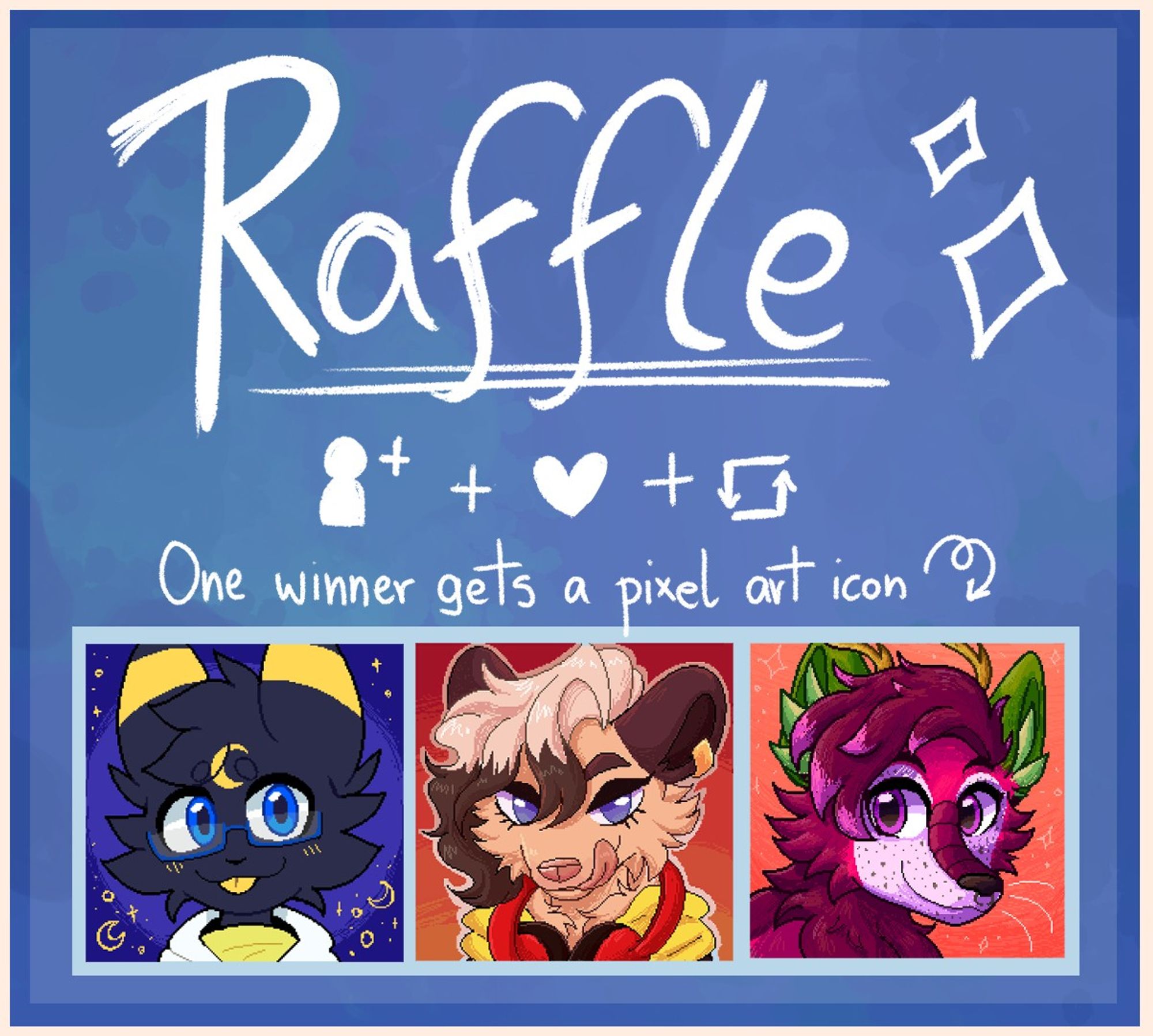 Square blue picture with a big "Raffle" written on the top area in white. Underneath it, you can see the symbols of follow, like, and repost drawn. On the bottom part, there are 3 icons: an umbreon, a possum furry, and a fox furry. On top of the icons, it reads: One winner gets a pixel art icon.