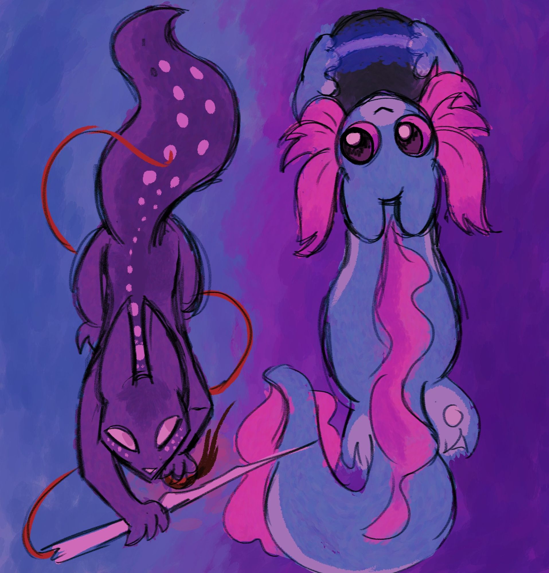 Drawing of Spearmaster and Rivulet from Rain World. They're slugcats, rat or cat-like creatures. On the left, there's Spearmaster moving from the up side to the bottom, a purple slugcat with white dots going down their spine and long ears. They're holding a white spear that connects to their tail through a red line, while holding a red pearl with the other hand. On the right, there's Rivulet, a light blue slugcat with pink frills all over their body, including six axolotl frills on their cheeks. They're moving from the bottom to the up part of the drawing while holding a black and blue sphere. The two slugcats are looking at each other, and the background is the color of the opposite slugcat.