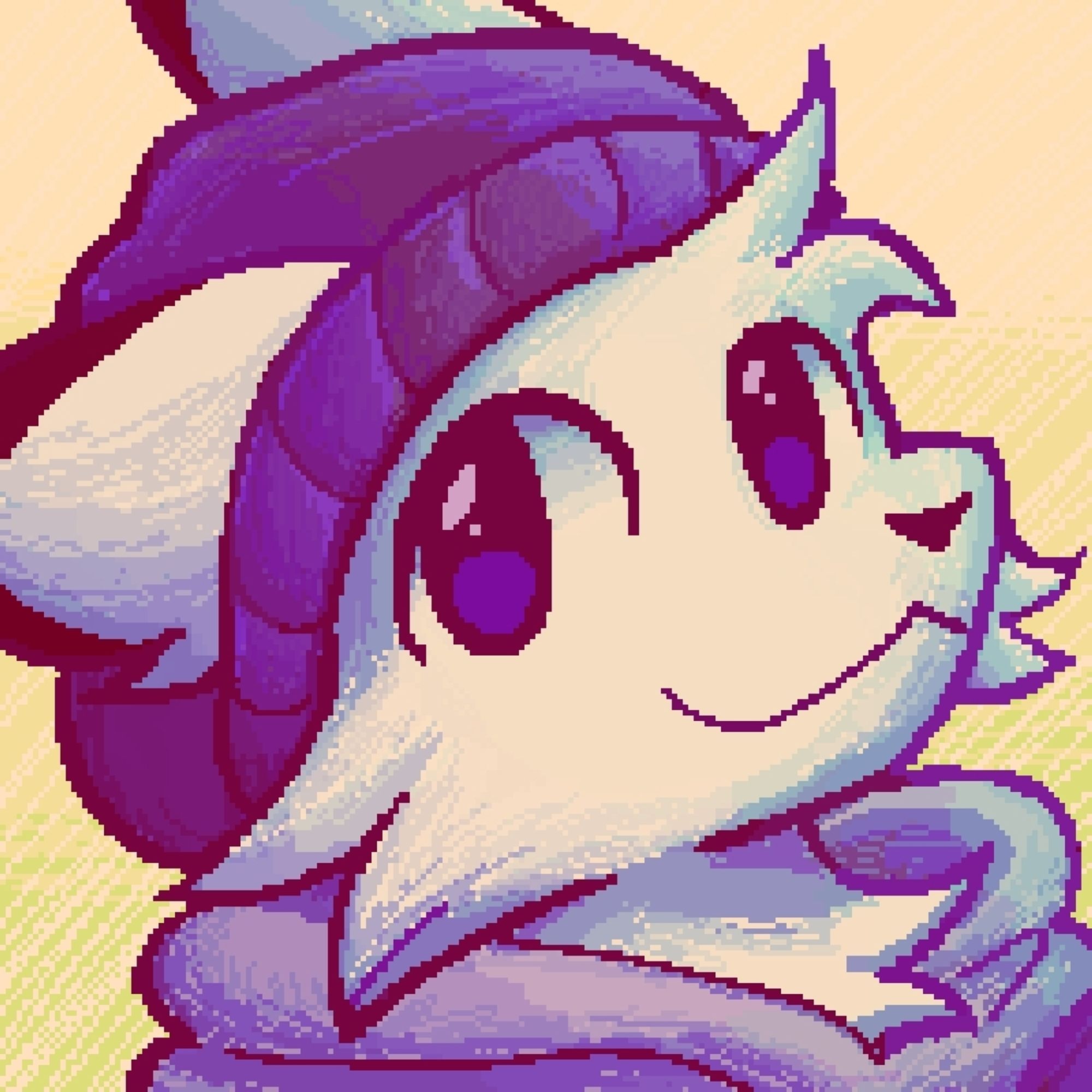 Pixel art drawing of a white anthro. They're wearing a beanie and a hoodie, facing right and looking at the camera with a smile. The drawing has purple undertones and the background is yellow and lime.