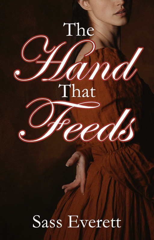 Cover for the Hand that Feeds. A woman in a plain, cotton dress stands in profile, one hand reaching behind her back, neck turned to face the camera.