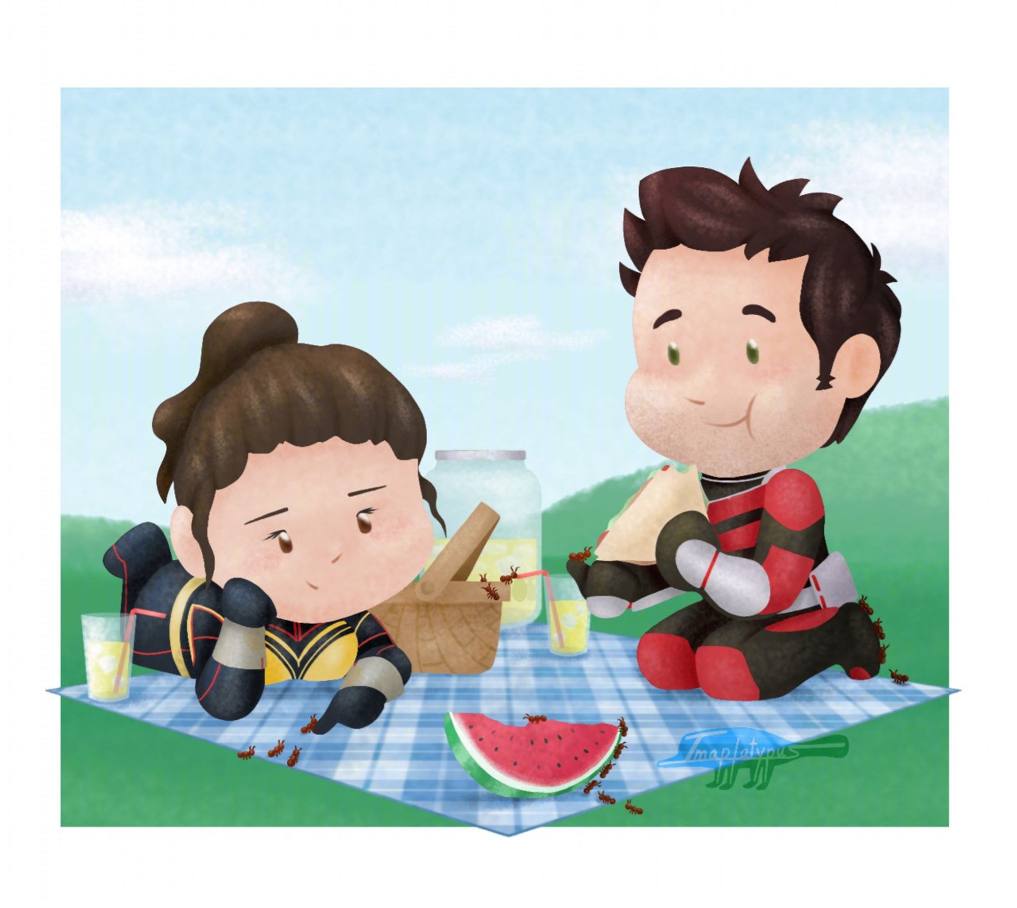 Chibi versions of the superheroes, Ant-man and the Wasp, are enjoying a picnic with their many ant friends