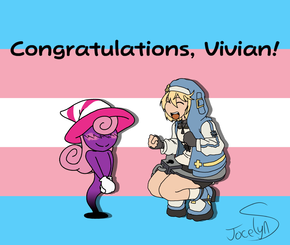 "Congratulations, Vivian!" is written across the top, while a delighted, blushing Vivian (Paper Mario) is joined by Bridget (Guilty Gear) who is cheering for her.