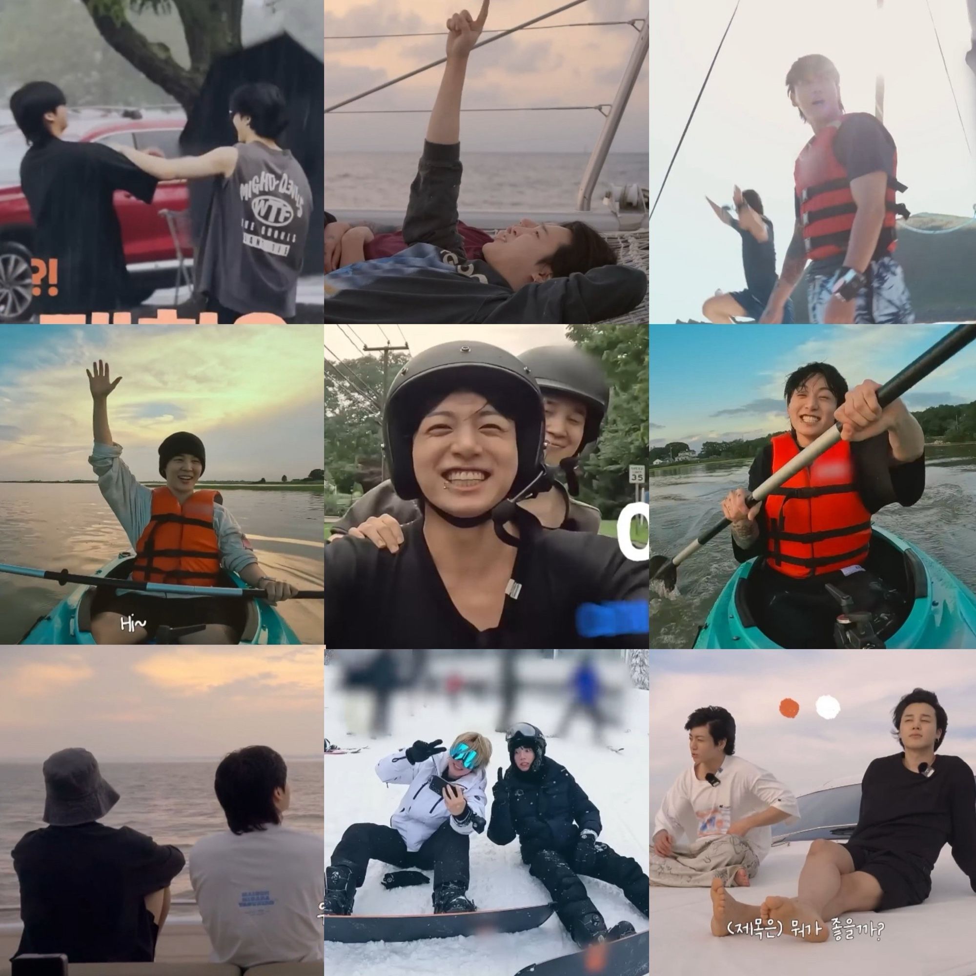 jimin and jungkook travel in yacht, canoe, motorcycle, and snowboard