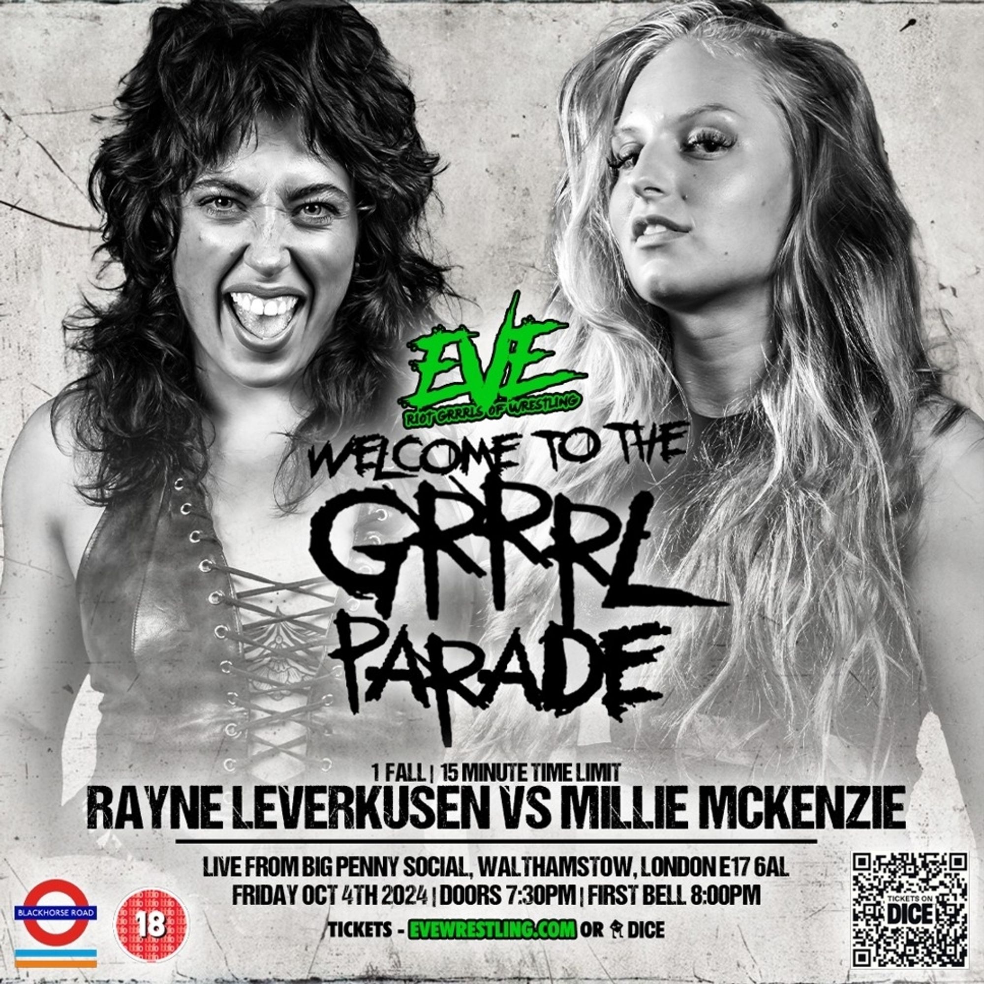 Match announcement for Rayne Leverkusen vs Millie McKenzie at EVE in Walthamstow, on Friday October 6, and live on YouTube at watchEVEwrestling.com