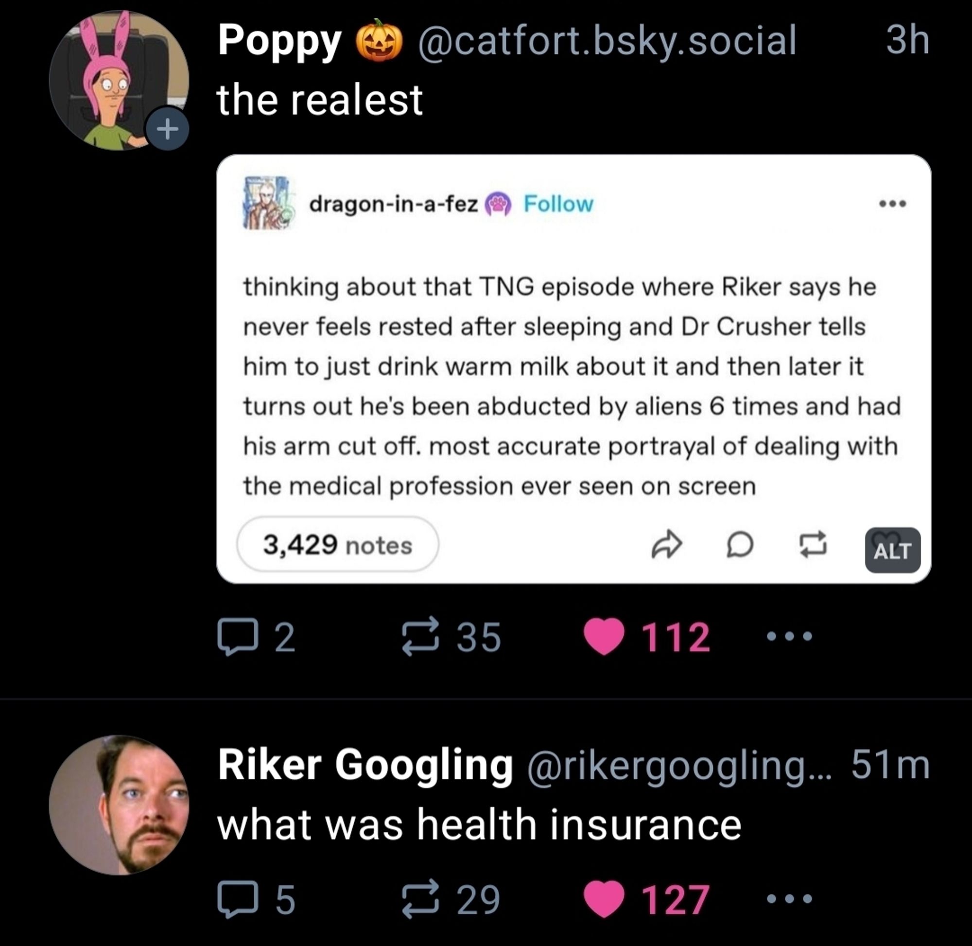 Poppy's skeet immediately above one from "Riker Googling" that reads: "what was health insurance"