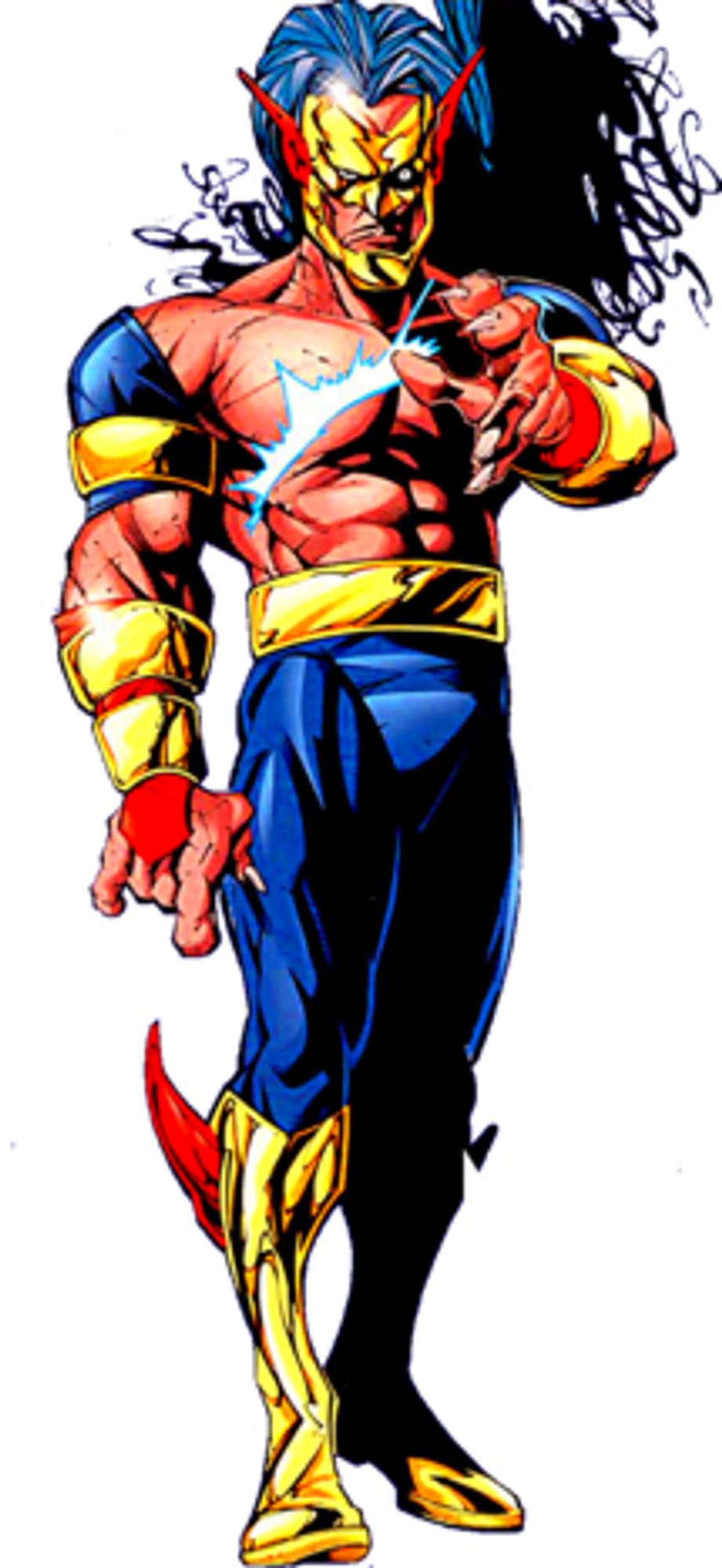 Savitar, a long-haired shirtless guy with a helmet and lightning-bolt scar on his chest