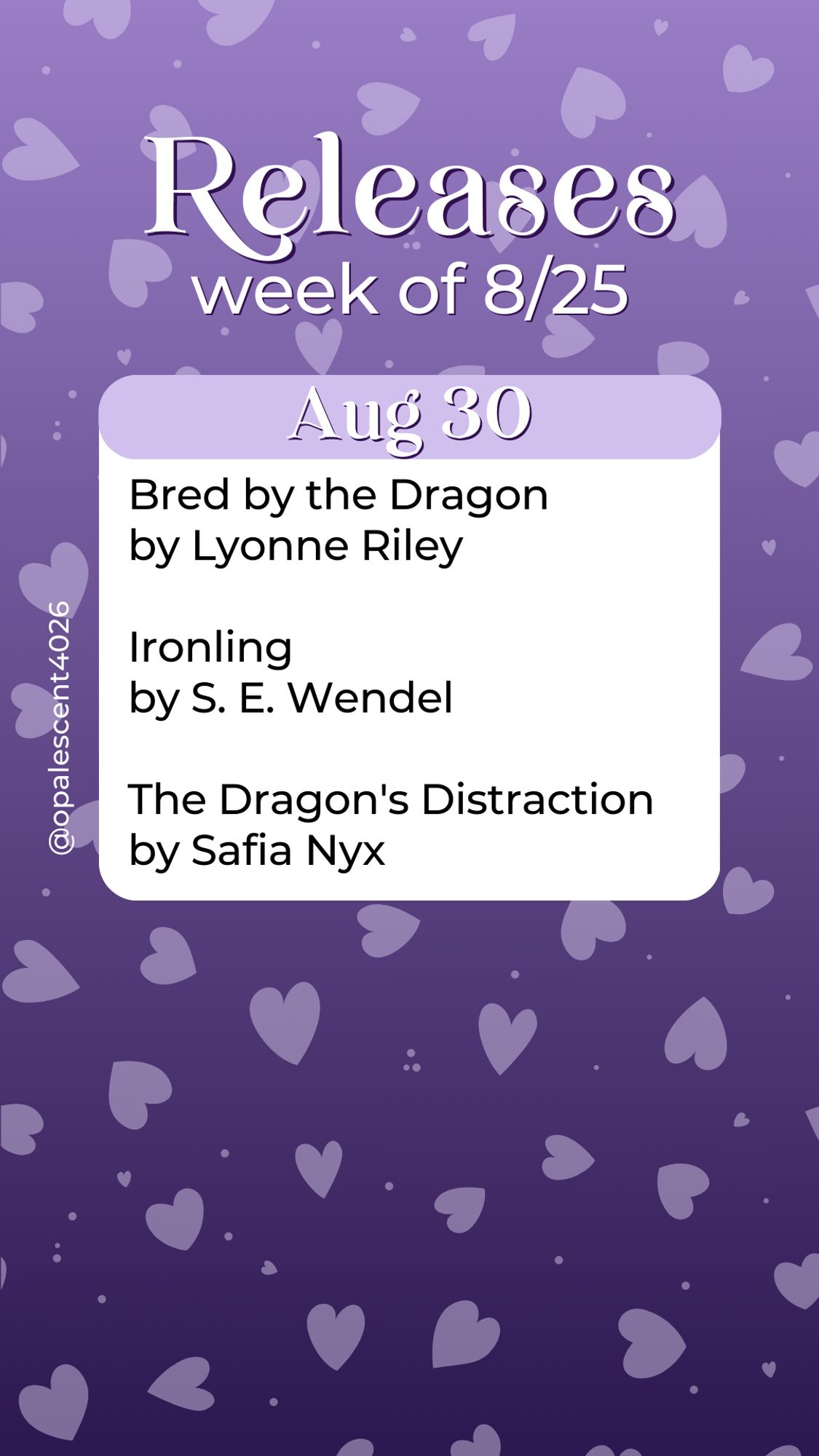 Releases Week of 8/25. Aug 30 Bred by the Dragon by Lyonne Riley, Ironling by S. E. Wendel, The Dragon's Distraction by Safia Nyx