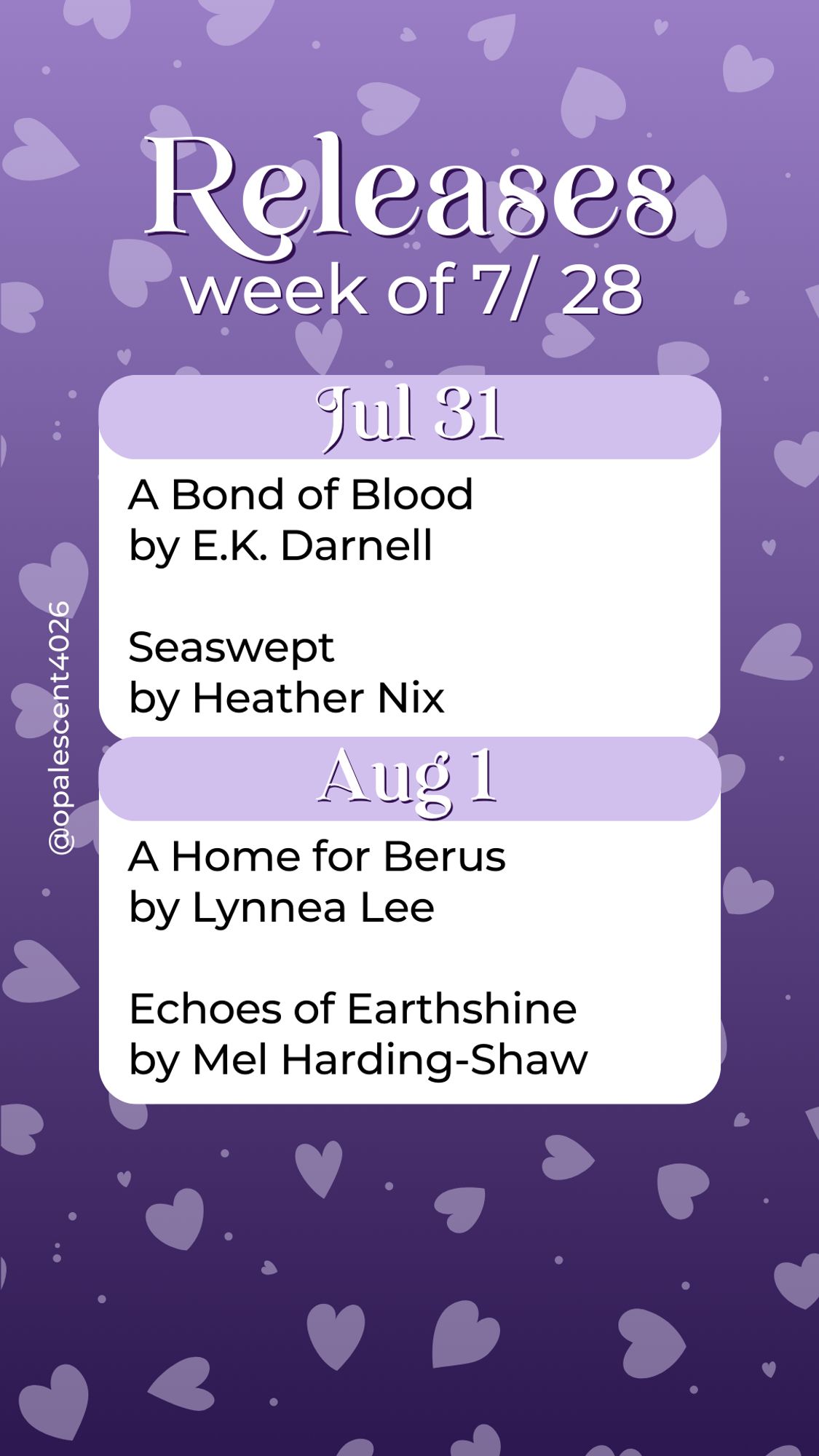 Releases Week of 7/28. Jul 31 A Bond of Blood by E.K. Darnell, Seaswept by Heather Nix; Aug 1 A Home for Berus by Lynnea Lee, Echoes of Earthshine by Mel Harding-Shaw