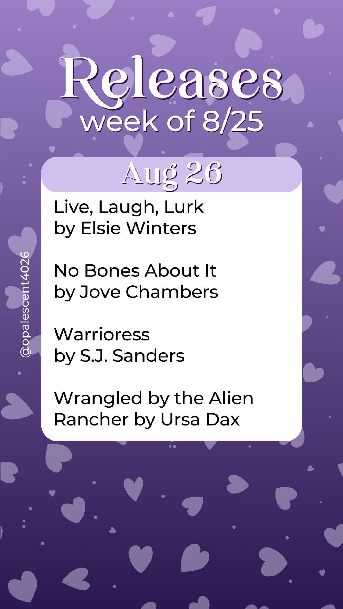 Releases Week of 8/25. Aug 26 Live, Laugh, Lurk by Elsie Winters, No Bones About It by Jove Chambers, Warrioress by S.J. Sanders, Wrangled by the Alien Rancher by Ursa Dax