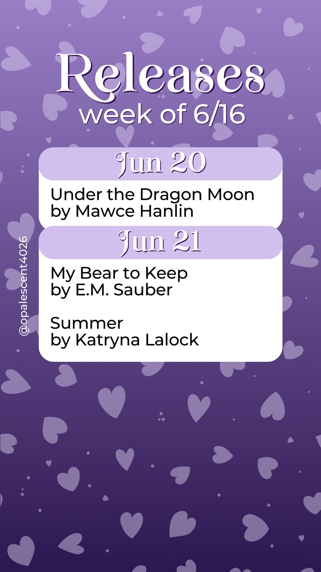 Releases Week of 6/16. Jun 17 To Ignite a Flame by Daniela A. Mera; Jun 18 Love on the Korlyan Moon by Petra Palerno, My Summer Girl by Maeve Black; Jun 19 The Stars Want Blood by Morgan Lawson